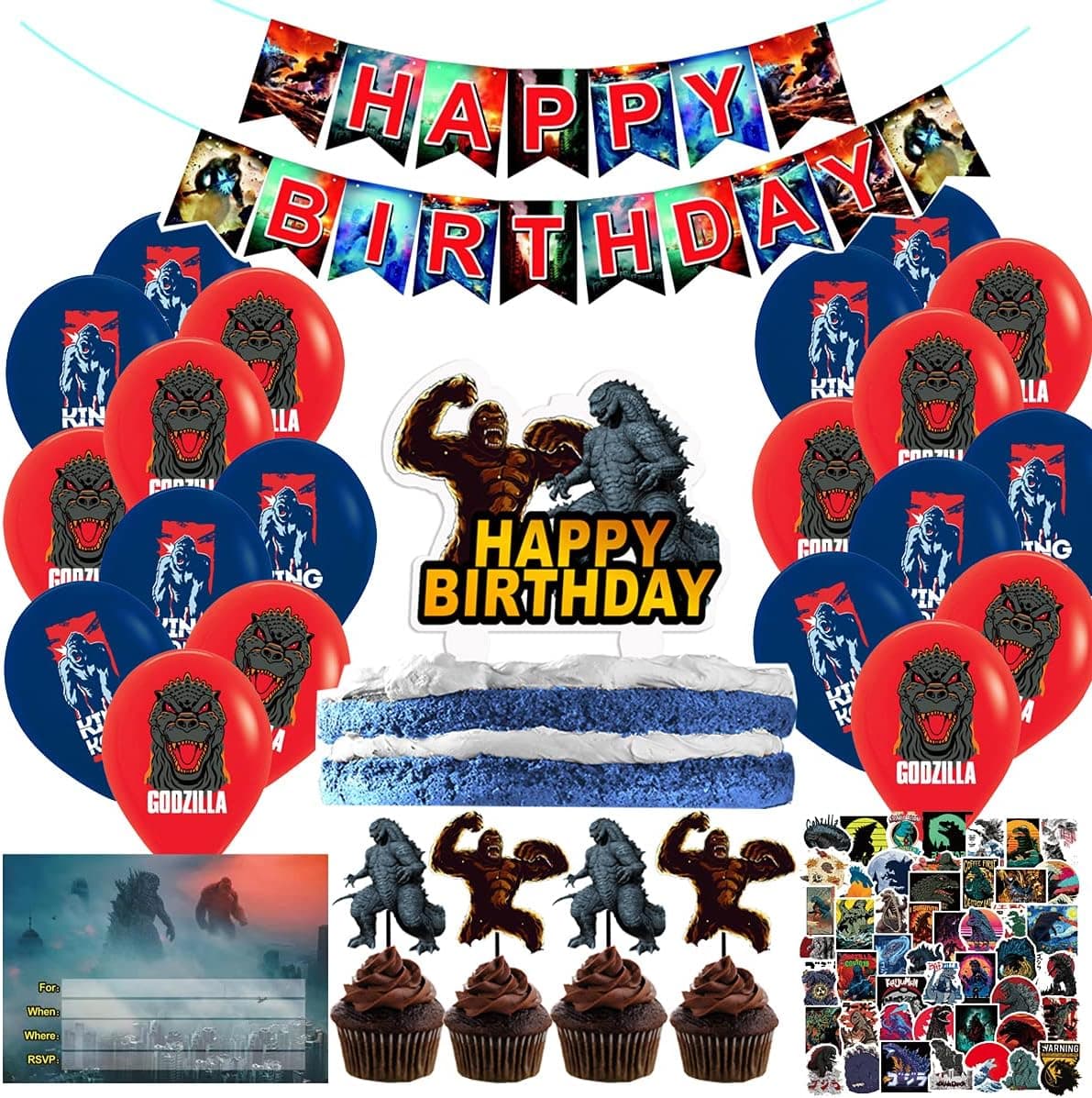 102pcs Godzilla birthday party supplies 21 cup cake top hat-20 balloons-1 pack banner Happy birthday cake decoration-10 invitation cards-50 stickers
