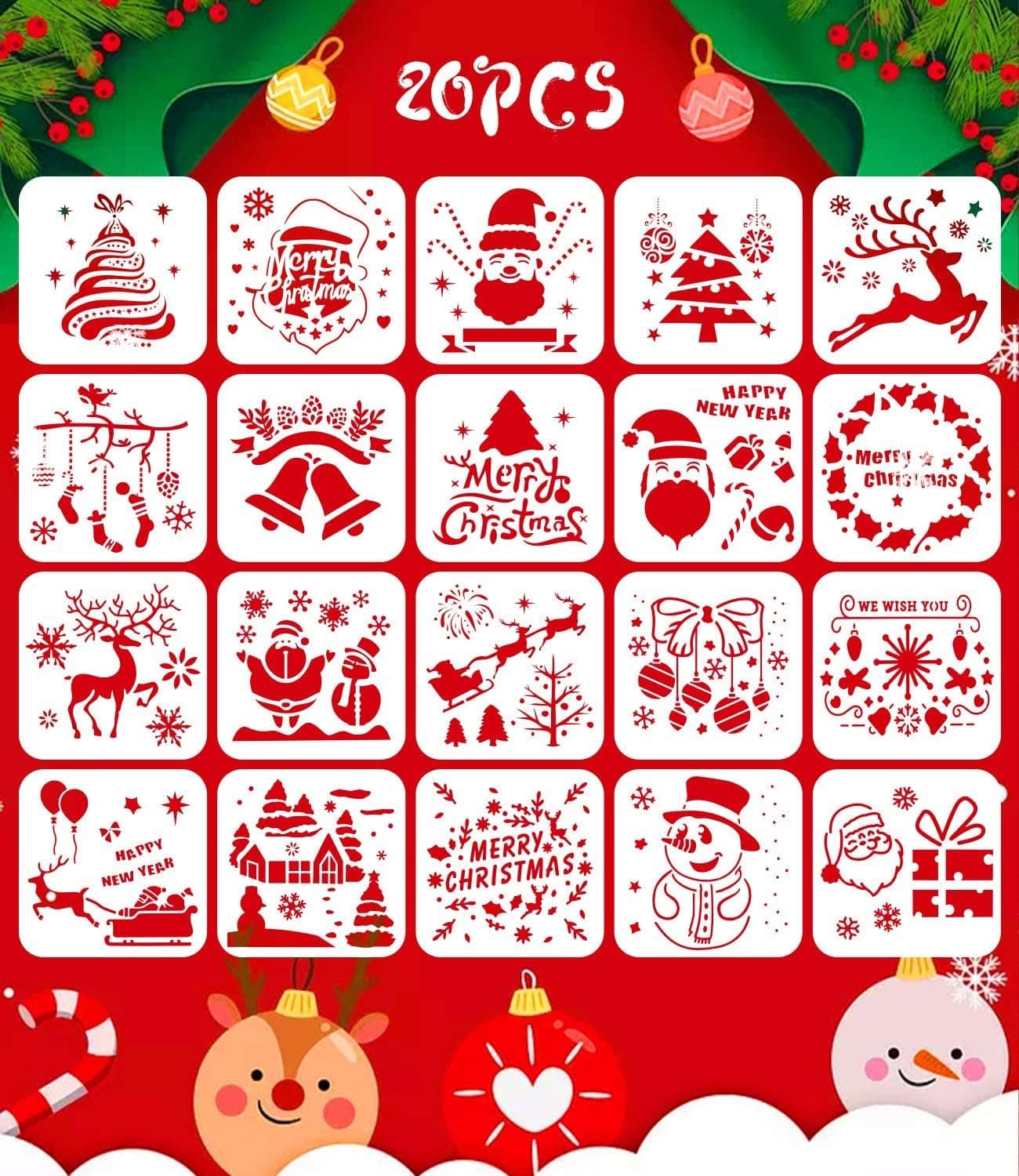 20pcs Small Reusable Christmas Stencils - Diy Plastic Merry Christmas Stencil Set, Winter Holiday Stencils for Crafts Cookie, Drawing Template for Kid with Santa Claus, Snowman, Tree, etc. 5.9x5.9inch