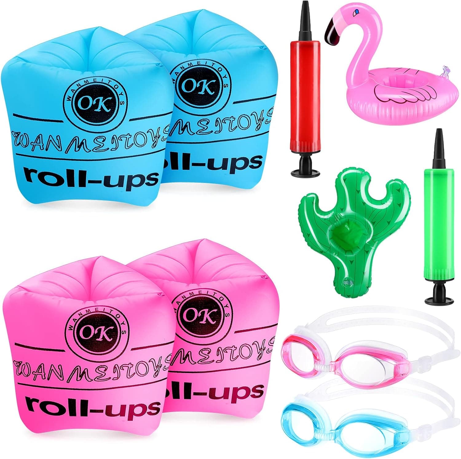 12 Set of Arm Floaties, Include 8 Swim Trainer Floaties with 2 Swimming Goggles and 2 Inflatable Pumps, PVC Arm Swimming Ring Swim Arm Bands Floater Sleeves for Summer Pool Birthday Party Supplies