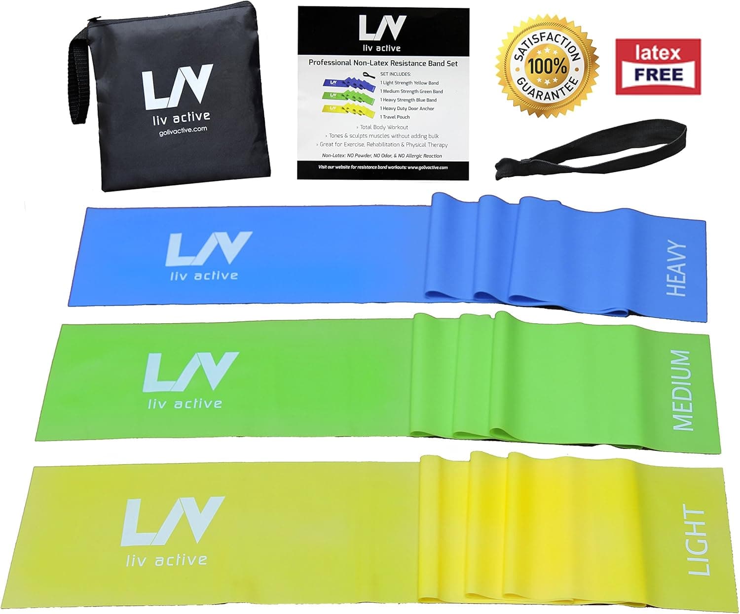 LIV Active Fitness Sale: Premium Set of 3 Non- Latex Resistance Bands with Free Travel Pouch, Door Anchor and Full Body Workout Manual (e-Book) - Professional Grade - (Light, Medium, Heavy)