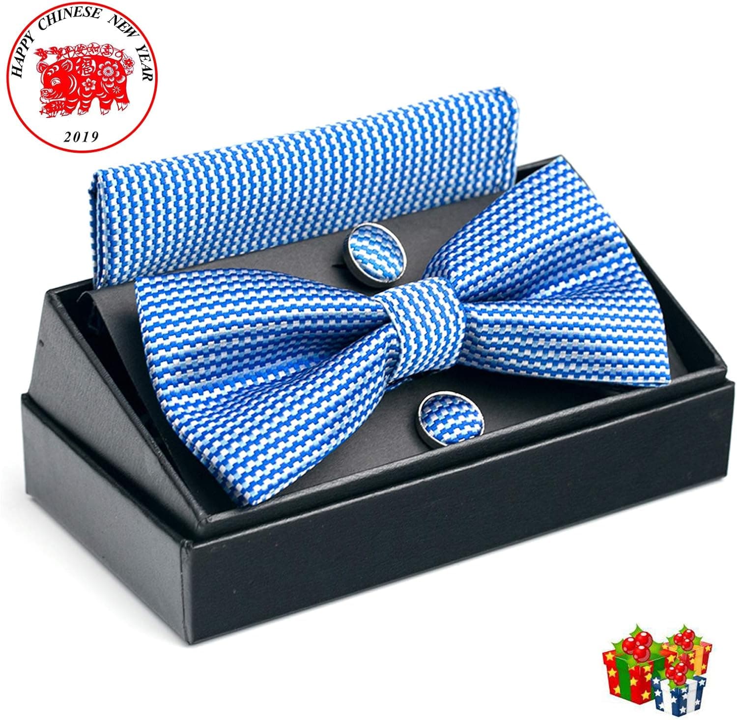 OUMUS Pre-Tied Adjustable Bow Tie & Handkerchief & Cufflinks Set for Wedding Party