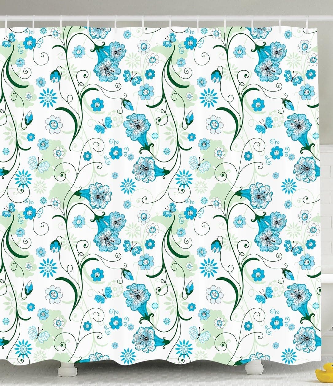 Ambesonne Teal Shower Curtain Butterfly Decorations by, Spring Summer Butterflies Daisies Hearts Pattern Art Print Theme, Fabric Bathroom Shower Curtain Set, Green Blue and White