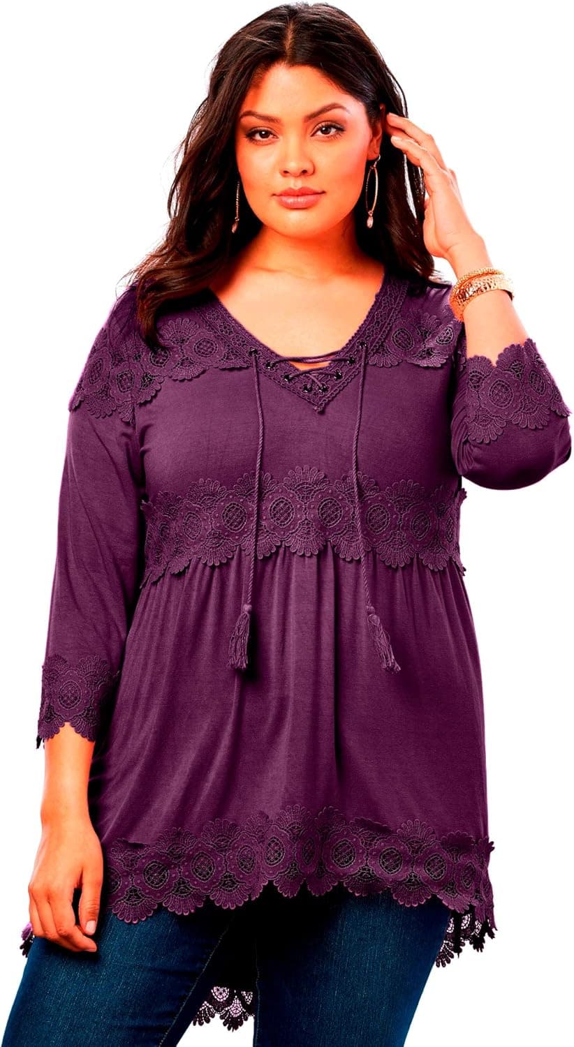 Roamans Women's Plus Size Lace V-Neck Top - 18/20, Medium Wash Blue