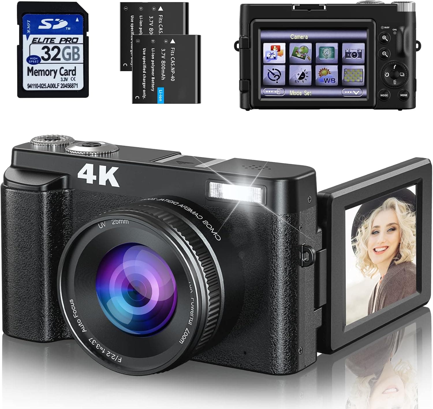 4K Digital Camera with SD Card [Autofocus & Anti-Shake] 48MP Video Camera for Beginners' Photography Vlogging YouTube, 16X Zoom 180° Flip Screen Compact Travel Camera with 2 Rechargeable Batteries