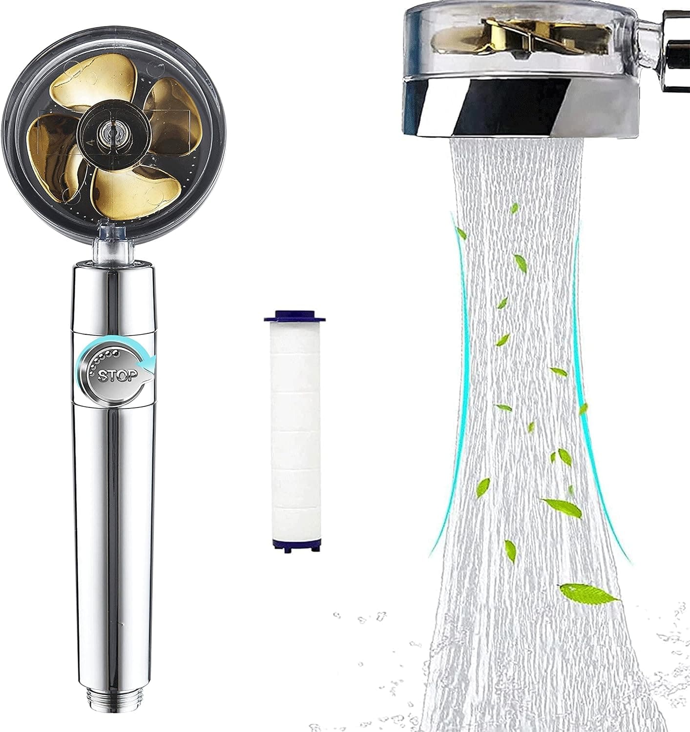 High Pressure Shower Heads, Handheld Turbo Fan Shower,Hydro Jet Shower Head with Filter, 360 Degrees Rotating Turbocharged Shower Head (Gold)