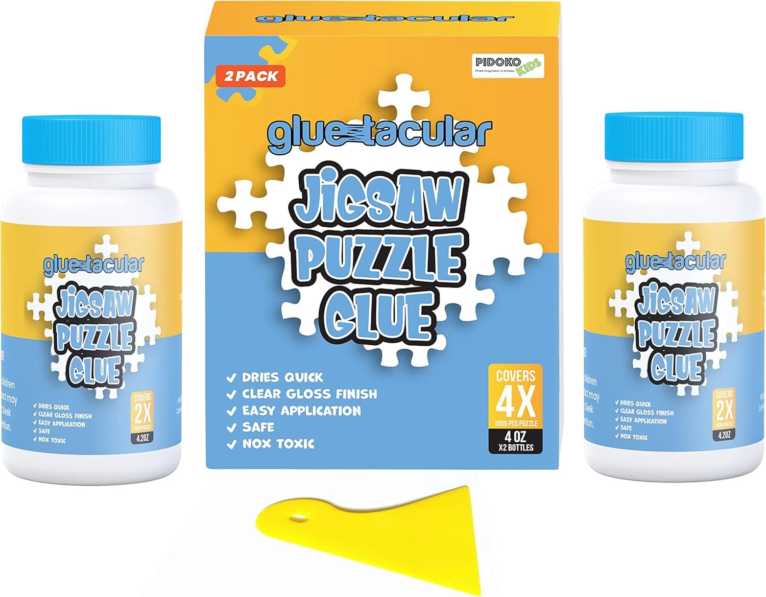 Gluetacular Jigsaw Puzzle Glue with Applicator Spreader (2 Pack) - 4.2 oz Each Bottle (Total 8.4 oz) - Covers 1000-3000 Pieces Paper/Wood Puzzle