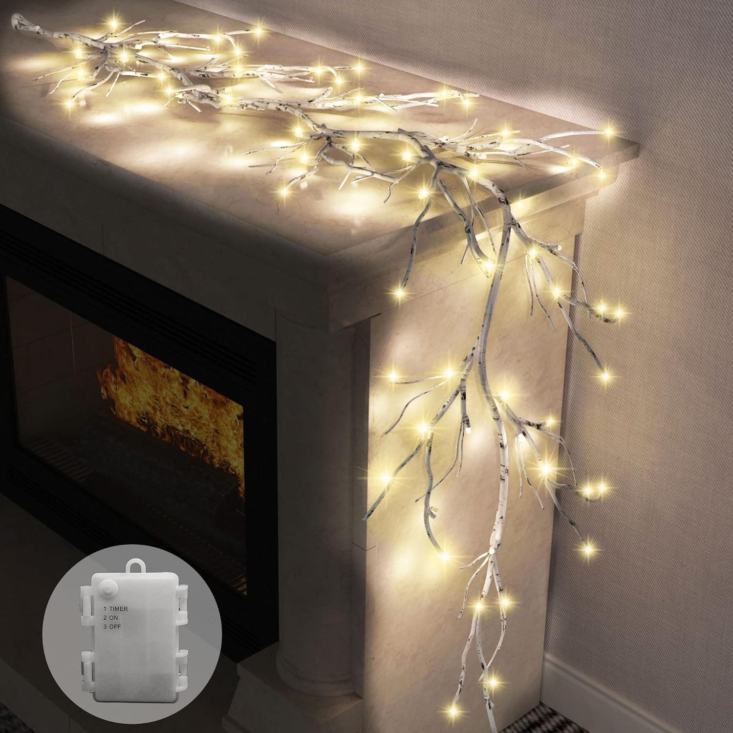 ypestar Lighted Garland with Birch Branches 6FT 48 Warmwhite Lights, Lighted Birch Garland Battery with Timer,Pre Lit Birch Garlands for Bedroom Wall Party