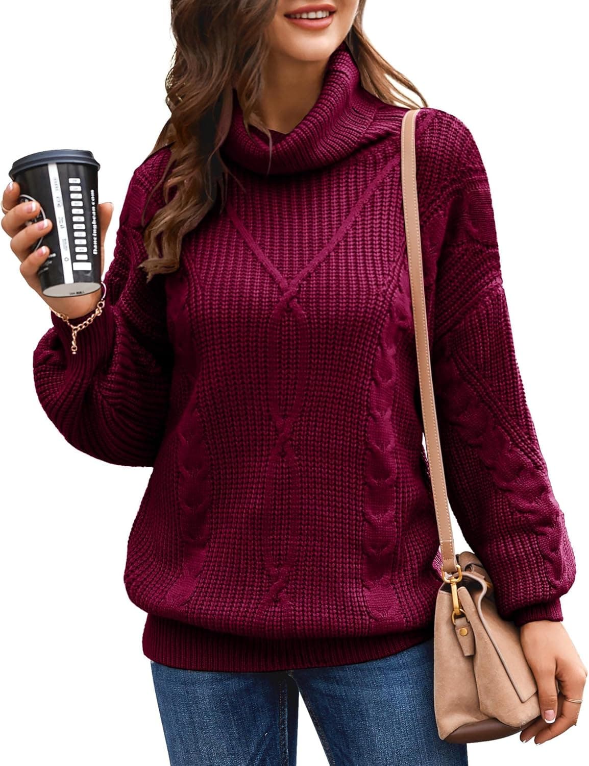 Shemoday Women's Long Sleeve Turtleneck Sweater Blouse Loose Casual Knit Chunky Pullover Jumper Tops Brown