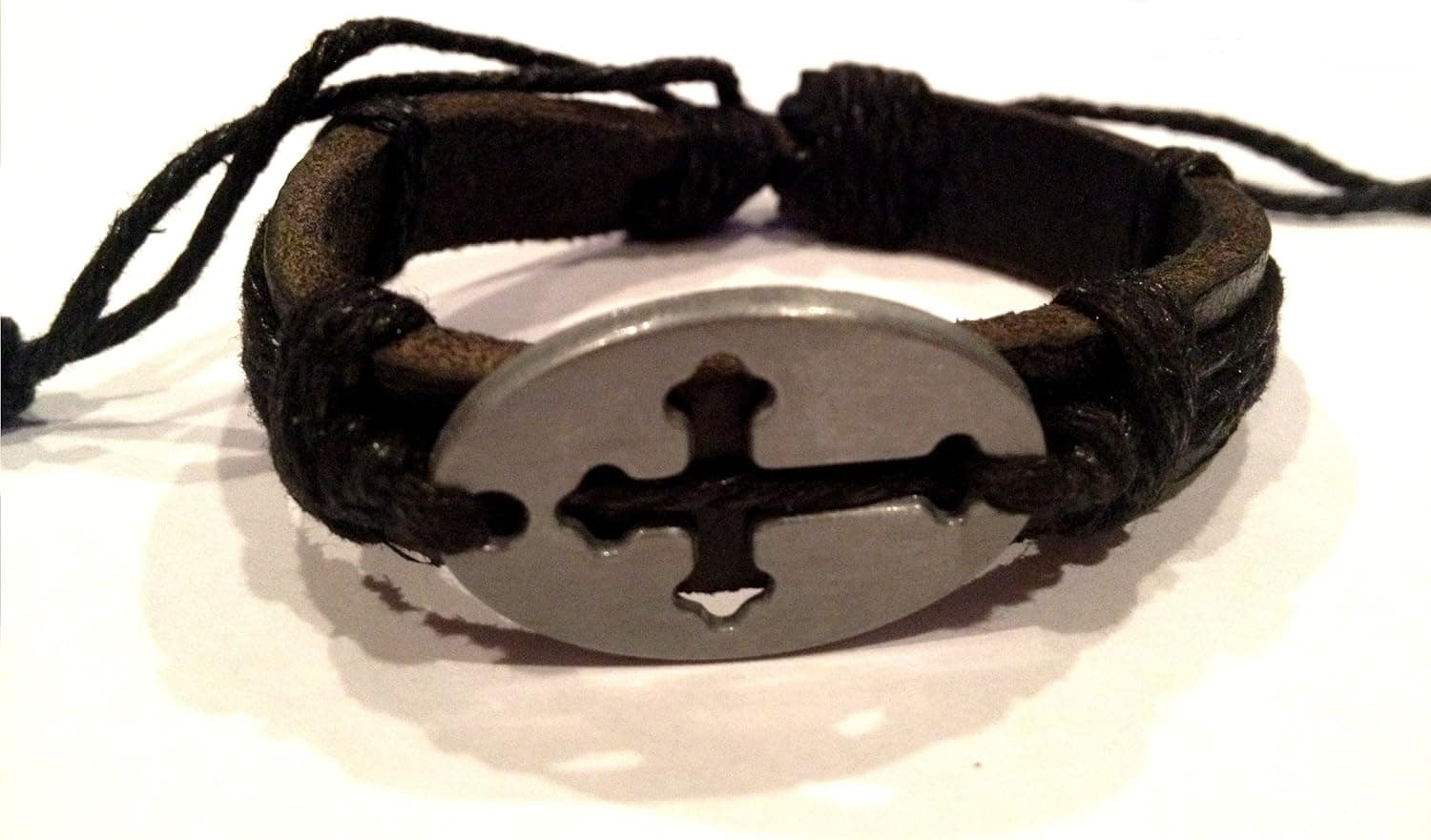Semi-Adjustable Black Leather and Black Twine Religious Cross Bracelet