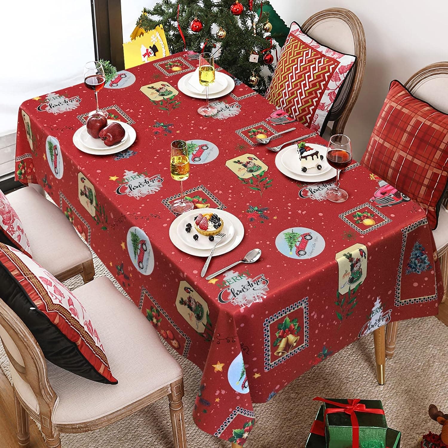 EVERYTHRY Christmas Tablecloth Rectangle, Waterproof Vinyl Holiday Decoration Table Cloth, Plastic Wipe Clean PVC Table Cover for Kitchen, Party, Indoor and Outdoor, 54 X 78 Inch