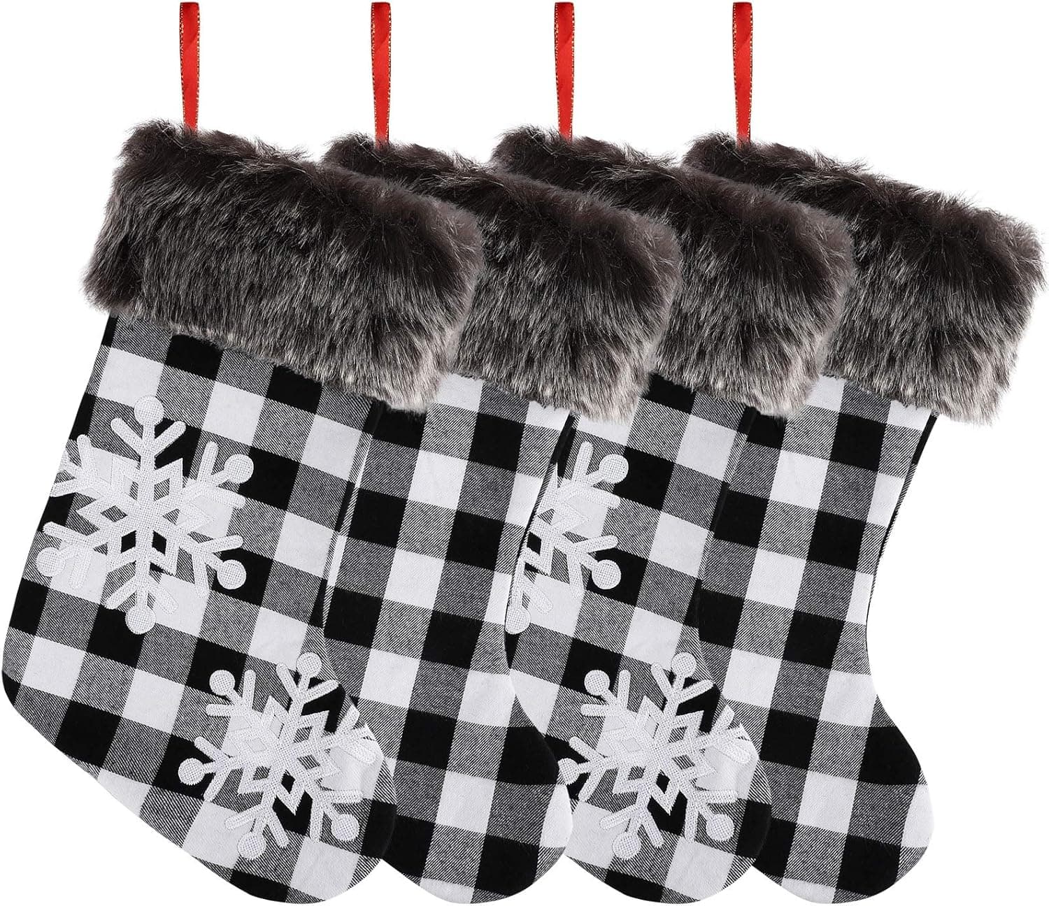 Aneco 4 Pack 20 Inches Christmas Stockings Black and White Buffalo Plaid Stockings with Embroidery Snowflake and Plush Faux Fur Cuff Stockings for Christmas Holiday Party Decorations