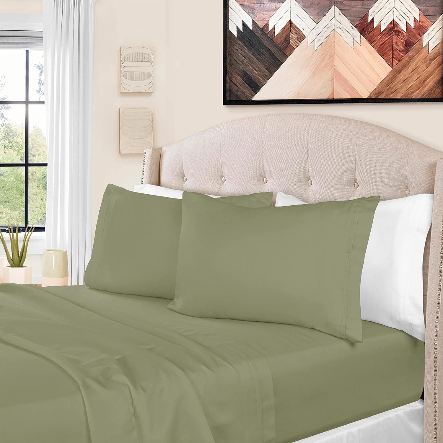 SUPERIOR 1500 Thread Count Egyptian Cotton Sheets, Luxury Bedding Set, Soft Long Staple Cotton, Includes Elastic Deep Pocket Fitted Sheet, Two Pillowcases, Flat Sheet, Queen, Sage