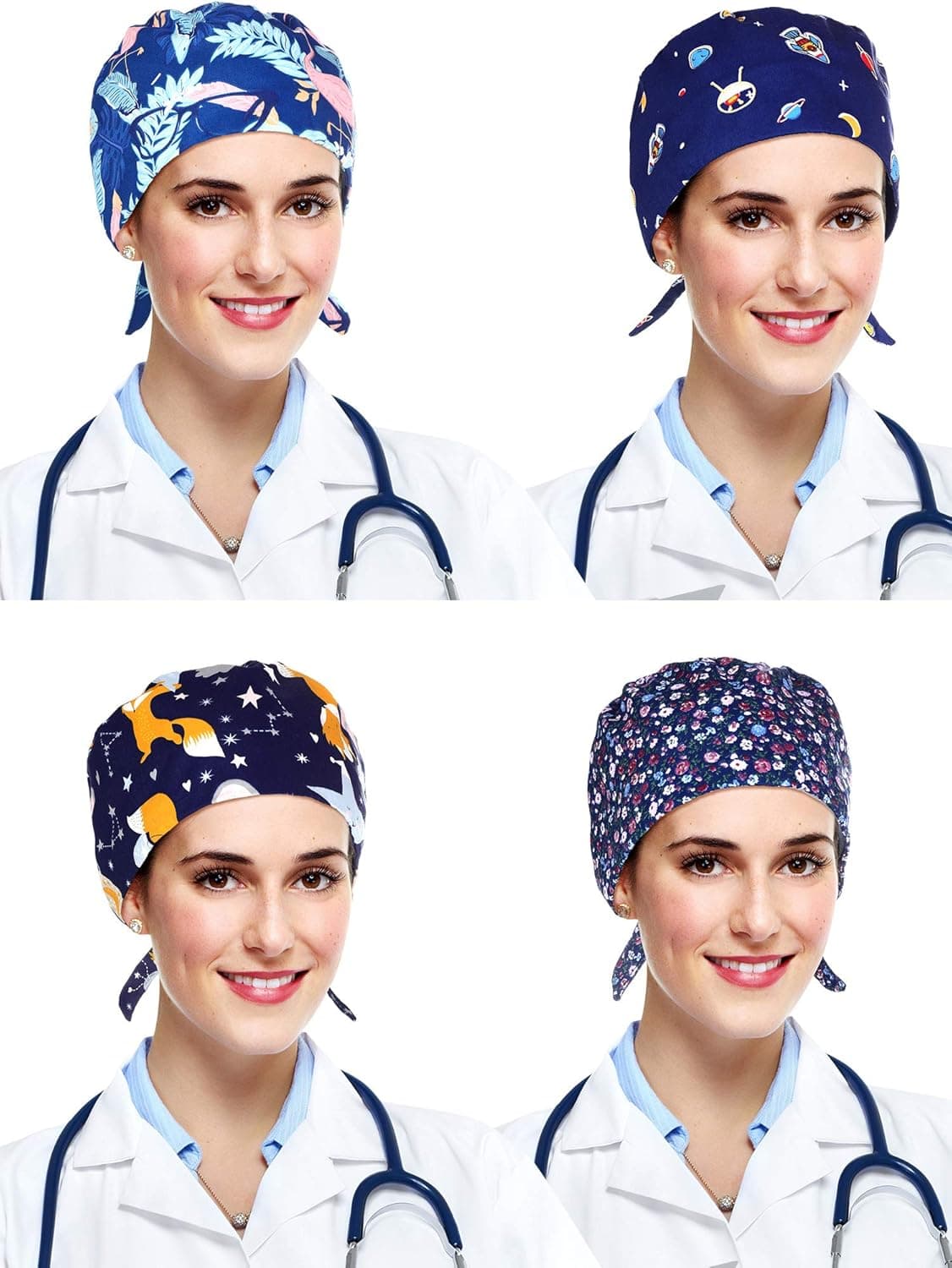 4 Pieces Scrub Cap Bouffant Turban Cap Adjustable Bouffant Hats for Women and Men (Blue Color Series)