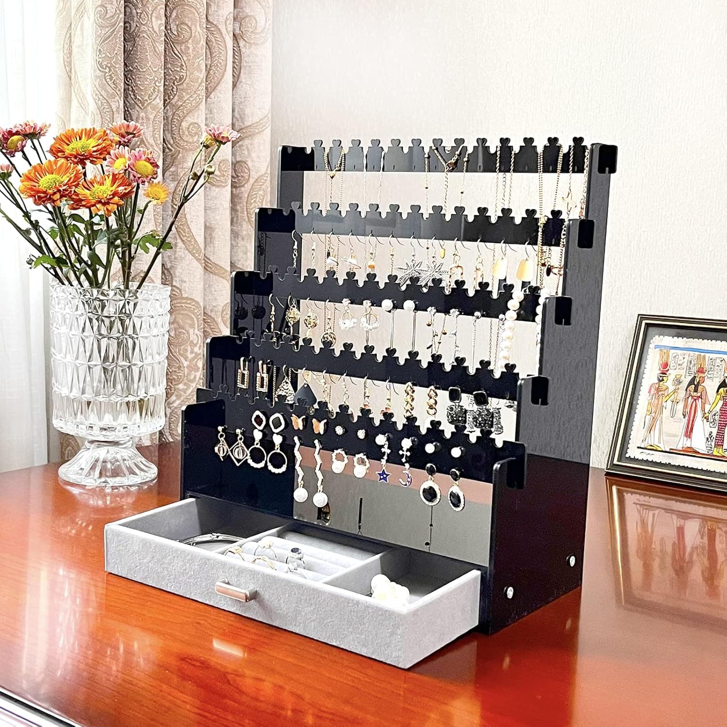 Madaory Acrylic Jewelry Organizer Earrings Necklaces Organizer Jewelry Tower with Velvet Drawer for Women & Girls Gift for Her (Black/Grey)