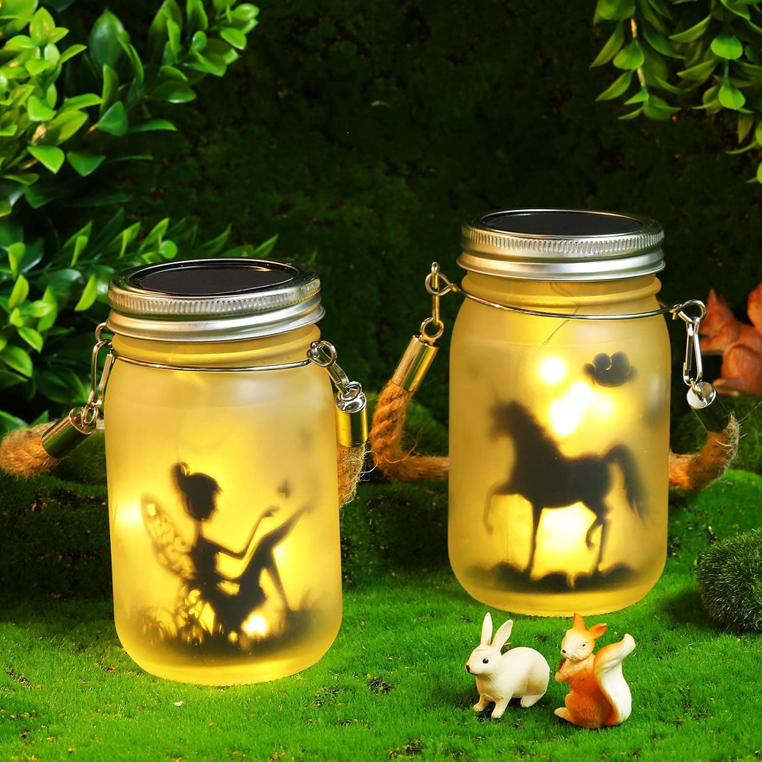 2 Pack Solar Fairy Lantern Garden Decor for Outside Mason Jar Lights Unicorn Hanging Lantern Nightlight Decorations Frosted Glass Jar for Halloween Christmas Wedding Celebration Decorations