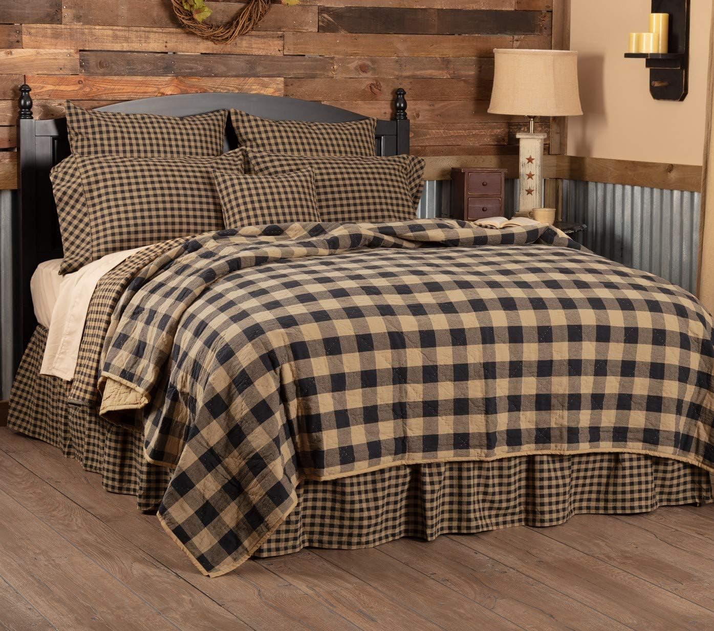 VHC Brands Black Check Luxury King Quilt Coverlet 120Wx105L Country Rustic Design, Black and Tan