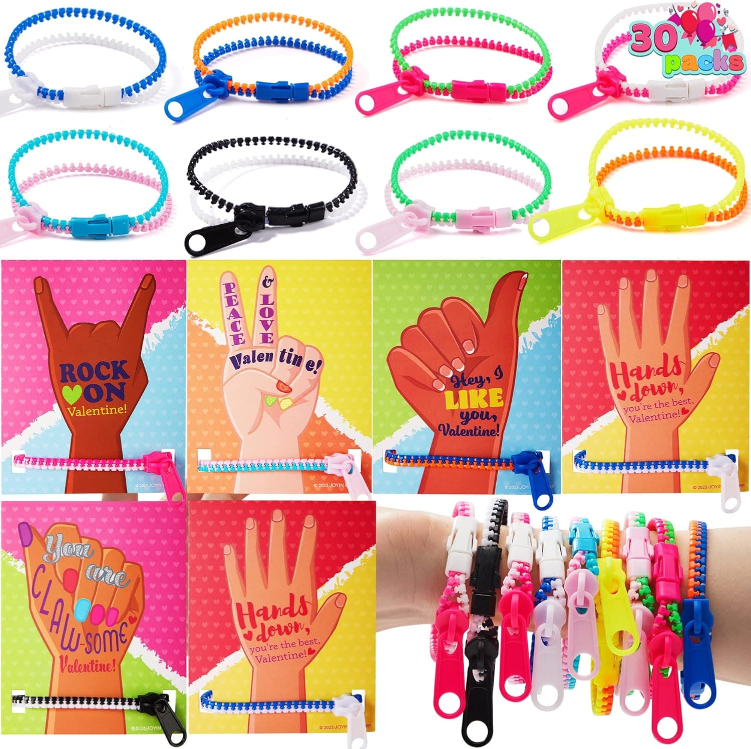 JOYIN 30 Packs Valentine's Day Cards with Zipper Bracelets, Friendship Zipper Bracelets Fidget Toys Stress Relief Toys for Kids Valentine's Classroom Gift Exchange Prizes, Valentine's Party Favors