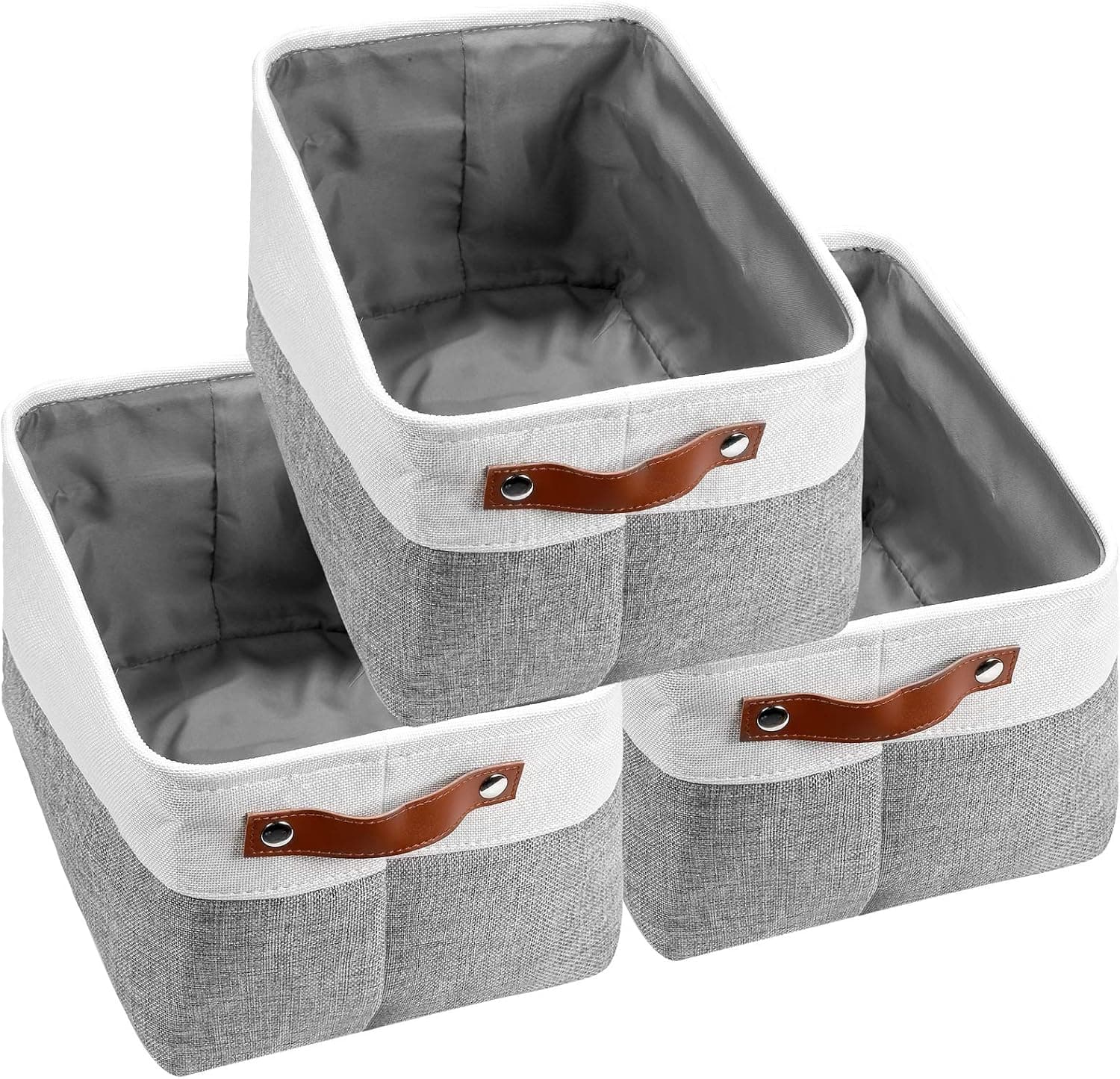 Vextronic Collapsible Storage Bins, Fabric Storage Baskets for Shelves, Canvas Decorative Storage Bins with Handles, Foldable Storage Baskets for Organizing Toys Clothes Closet, Gray & White 3 Pack