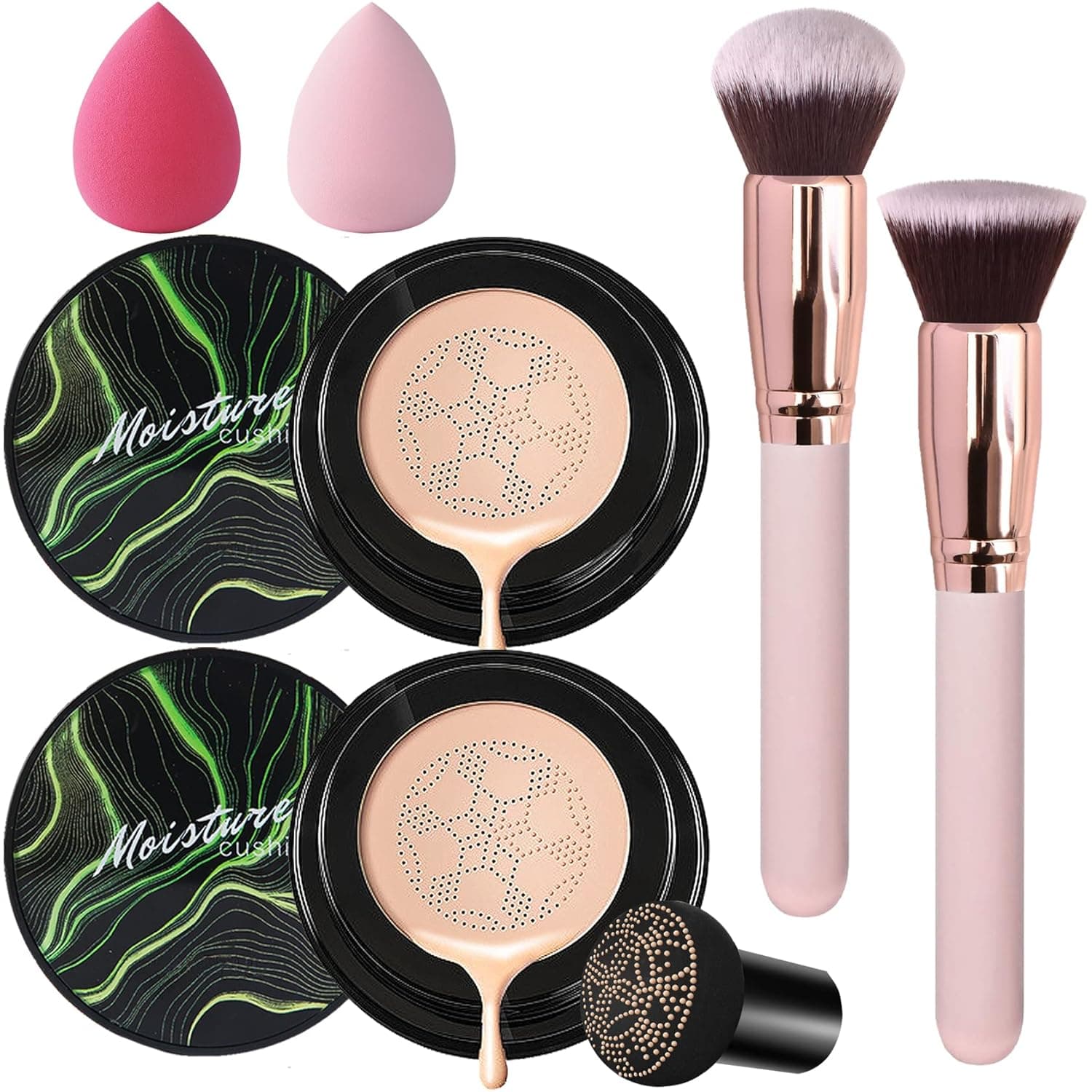 QIUFSSE 2PCS Mushroom Head Air Cushion CC Cream Foundation,Makeup Foundation Concealer Brighten Long-lasting Oil Control and Moisturizing with Makeup Brush Makeup Sponge-Natural