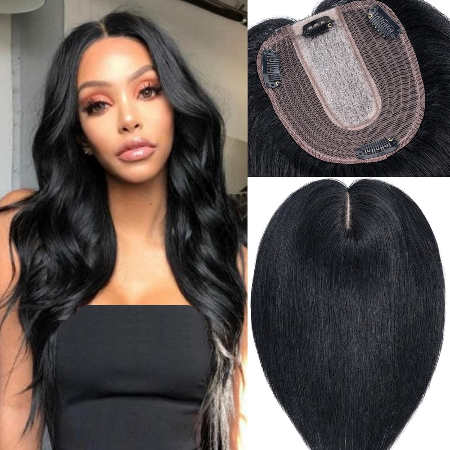 S-noilite Silk Base Topper Hair Piece Human Hair Clip in Toupee Top Hair Extensions Silk Topper for Women for Slight Hair Loss Thinning Hair 130% Density (16"-50g,#01 Jet Black)