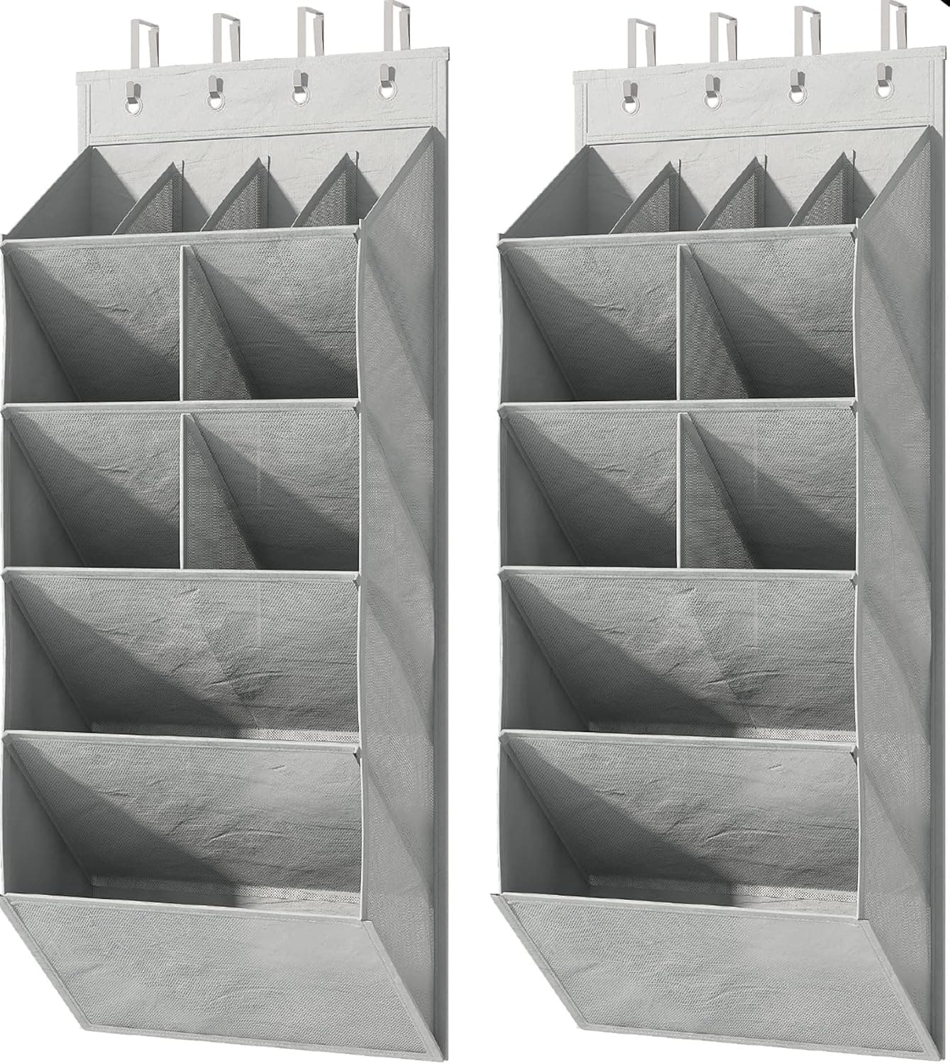 1Easylife Over The Door Shoe Organizer, 2 Pack Hanging Shoe Storage, 24 Pairs Wall Shoe Rack with Large Pockets for Closets, Narrow Door (Grey)