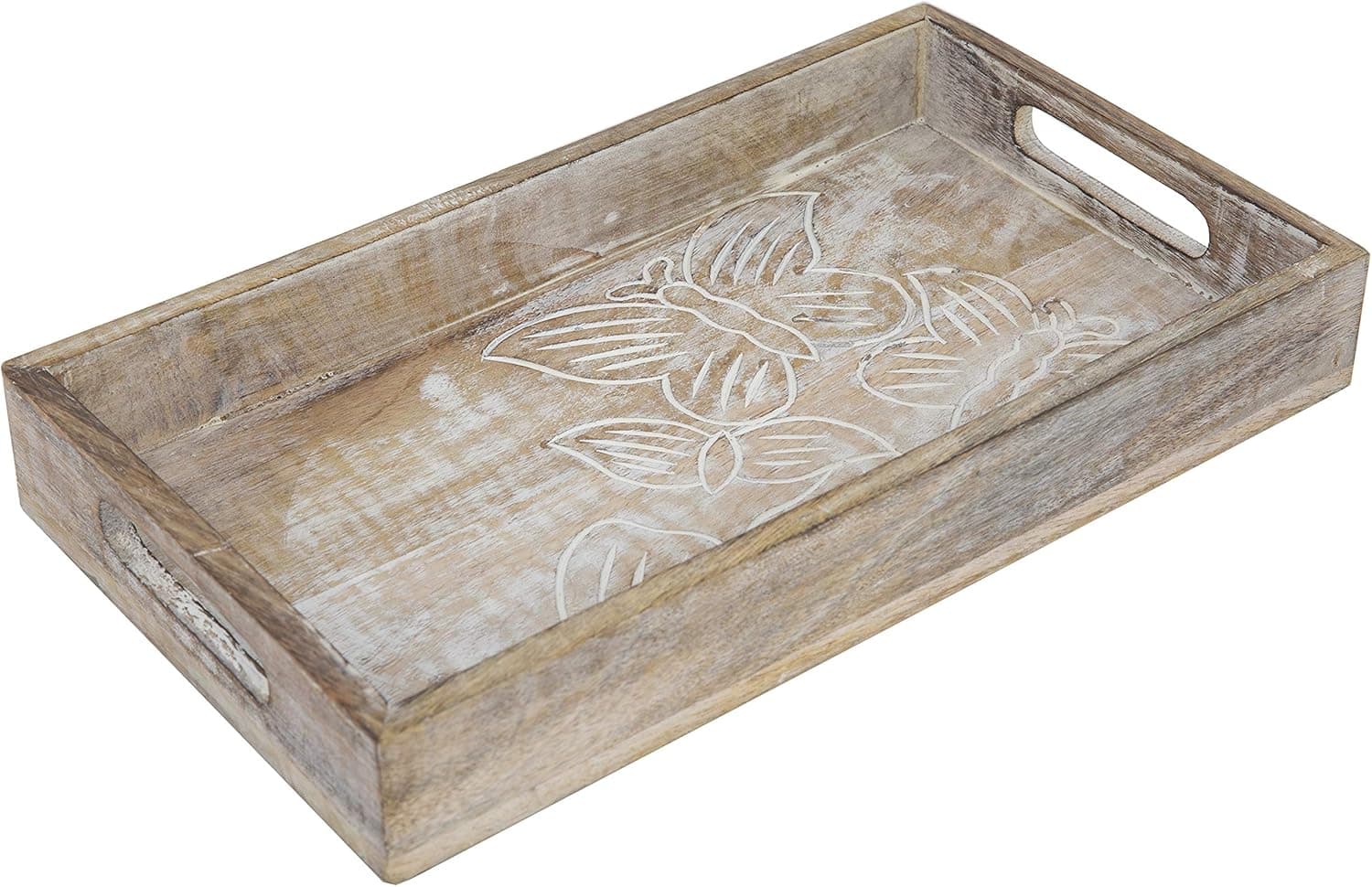 Decorative Wood Serving Tray w/ Handles (Whitewash) - Small Farmhouse Trays for Coffee Table - Butterflies Engraved Small Ottoman Tray for Breakfast in Bed - Mango Wood Decorative Tray -14”x 10”x 2.5”