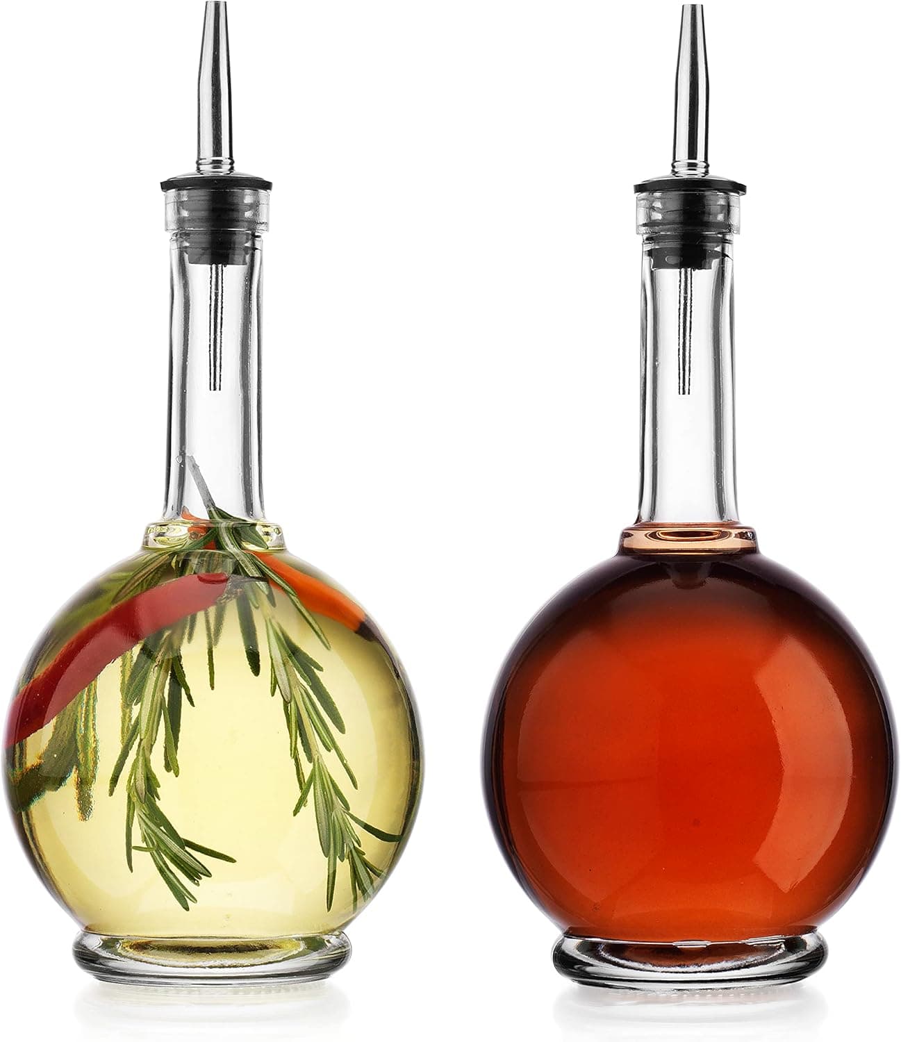 MosJos Oil and Vinegar Dispenser Set - 17 oz Ribbed Glass Olive Oil & Vinegar Cruet Set - Non-Drip, BPA-Free, Dishwasher Friendly Bottles with Stainless Steel Spouts (Clear)
