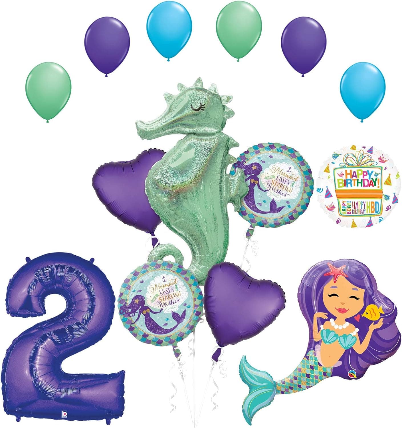 Mermaid Wishes and Seahorse 2nd Birthday Party Supplies Balloon Bouquet Decorations