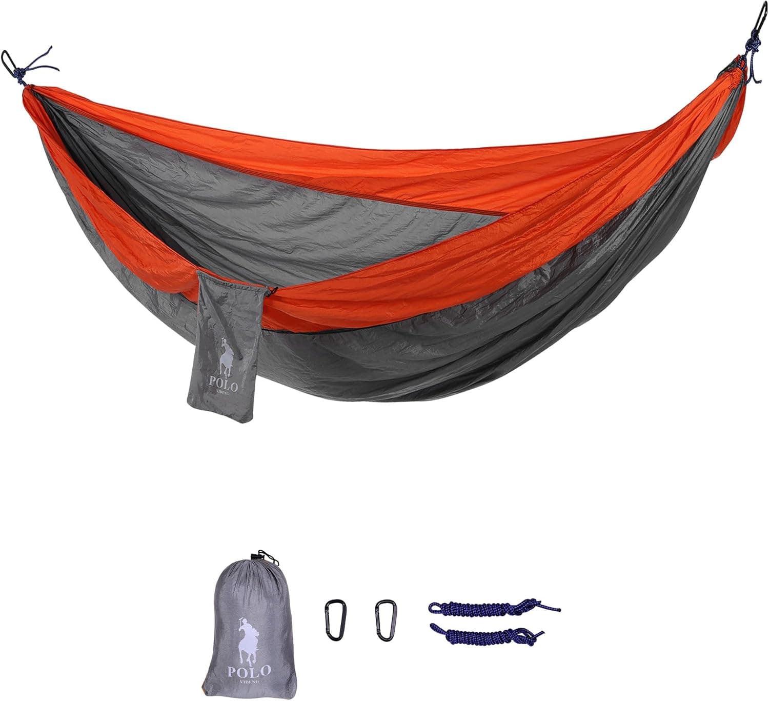 Videng Polo Double Parachute Hammock Portable for Camping Hiking Travel Beach Yard Garden GLightweight Nylon Fabric - Gray/Orange