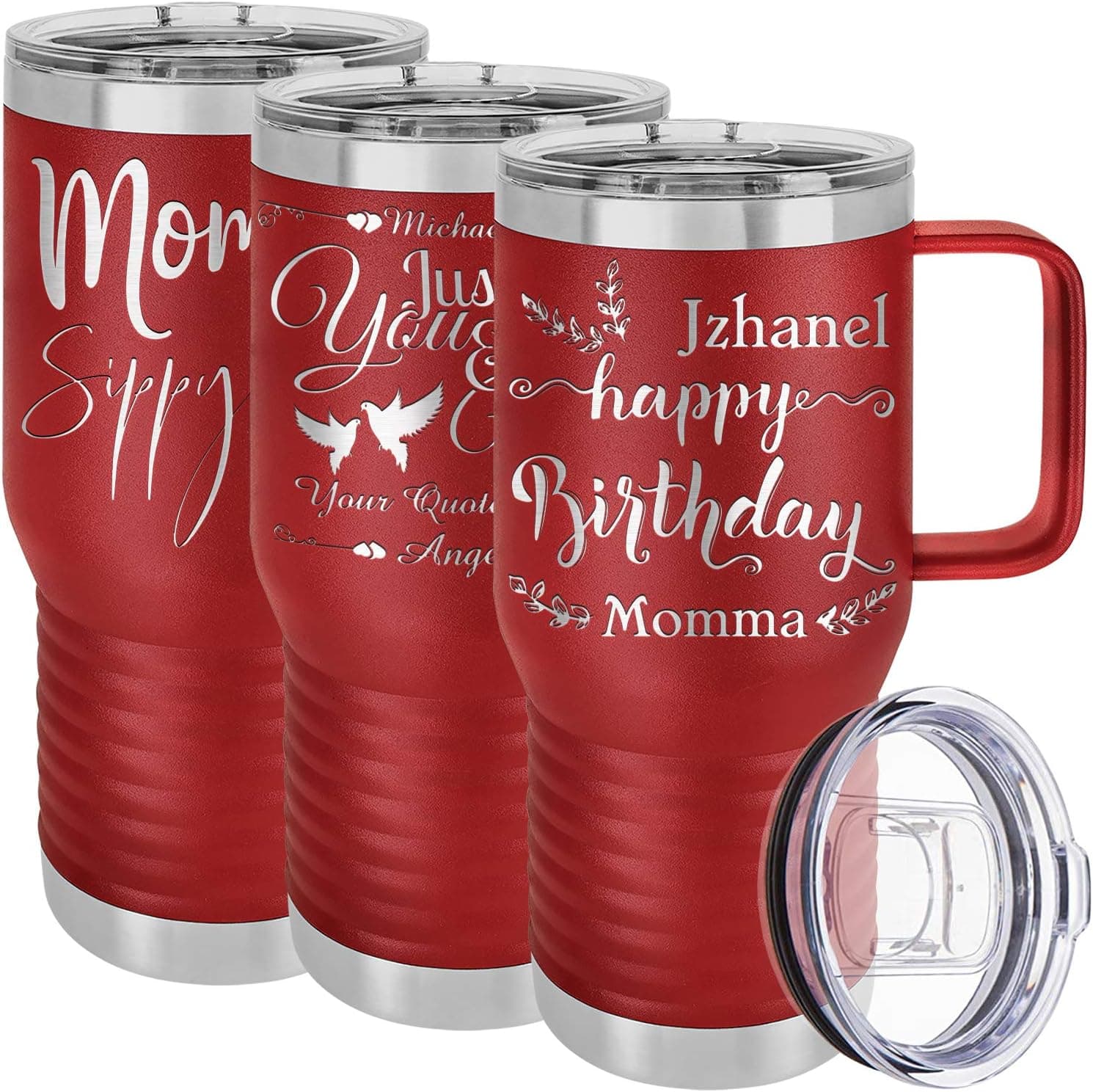 Personalized Tumblers with handle, Splash Proof Lid, Your Name/Text Engraved in USA Customized Cups, Stainless Steel Vacuum Insulated Coffee Mugs, Mother's Day Gifts for mom by iProductsUS (Red 20oz)