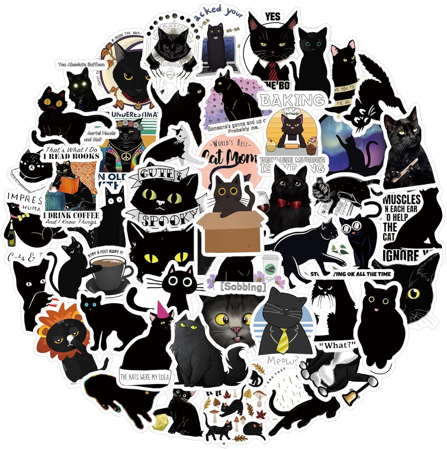 63Pcs Black Cat Stickers Pack，Cute Cool Vinyl Waterproof Stickers for Water Bottle,Skateboard,Laptop,Phone,Scrapbooking,Car Decals Gifts for Kids Teens Adults for Party Supplies Decor…