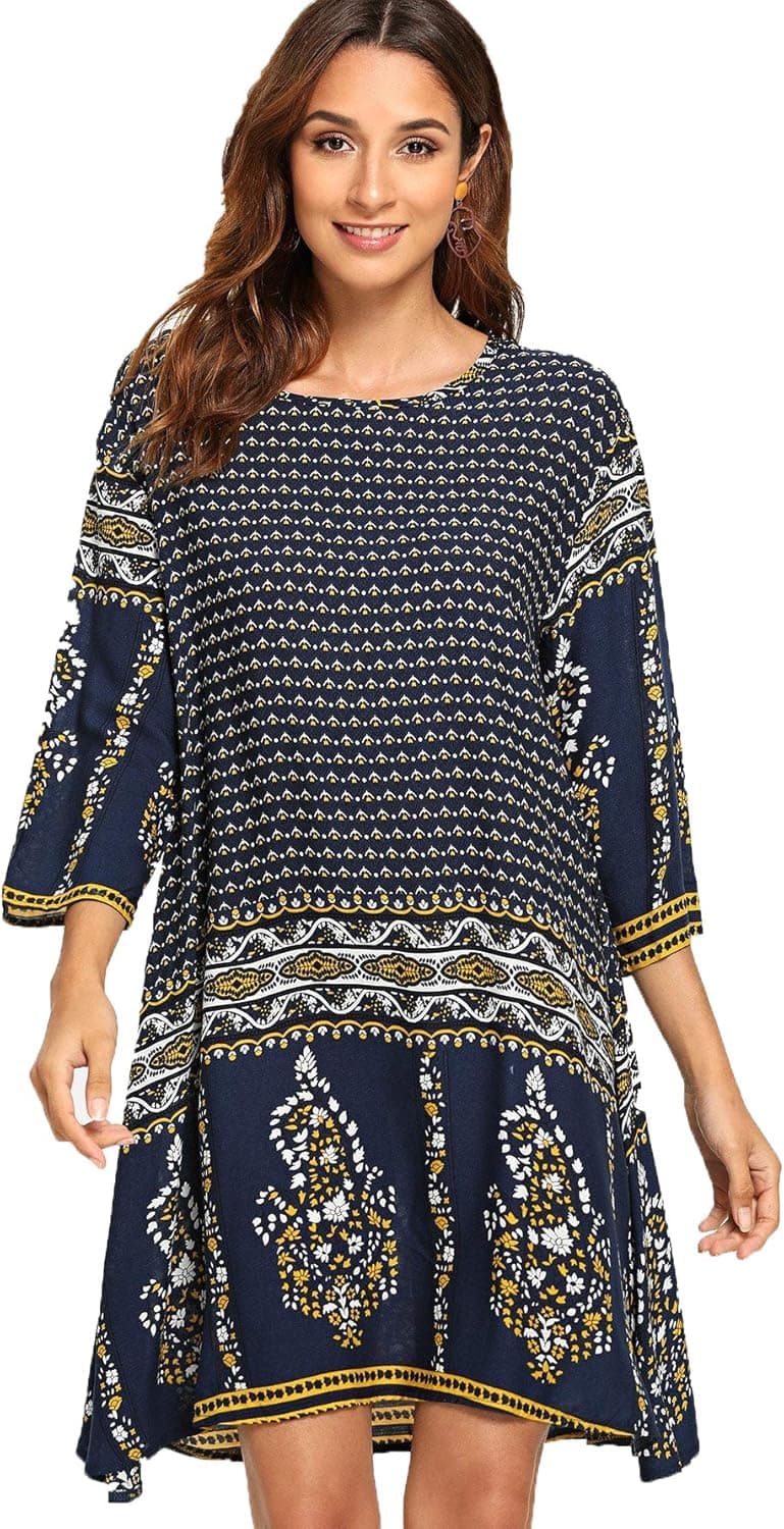 MakeMeChic Women's Ethnic Tribal Floral Print 3/4 Sleeve Casual Short Boho Dress