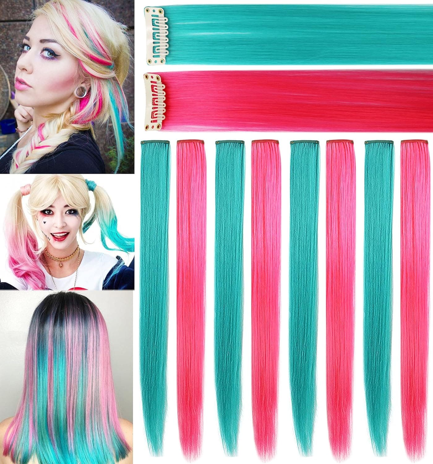 Rhyme Multi-color Hair Extensions for Girls Princess Party Highlight 21 inch Colored Hair Extensions Clip in/On for Girls and Kids Wig Pieces 8PCS (Teal Pink)