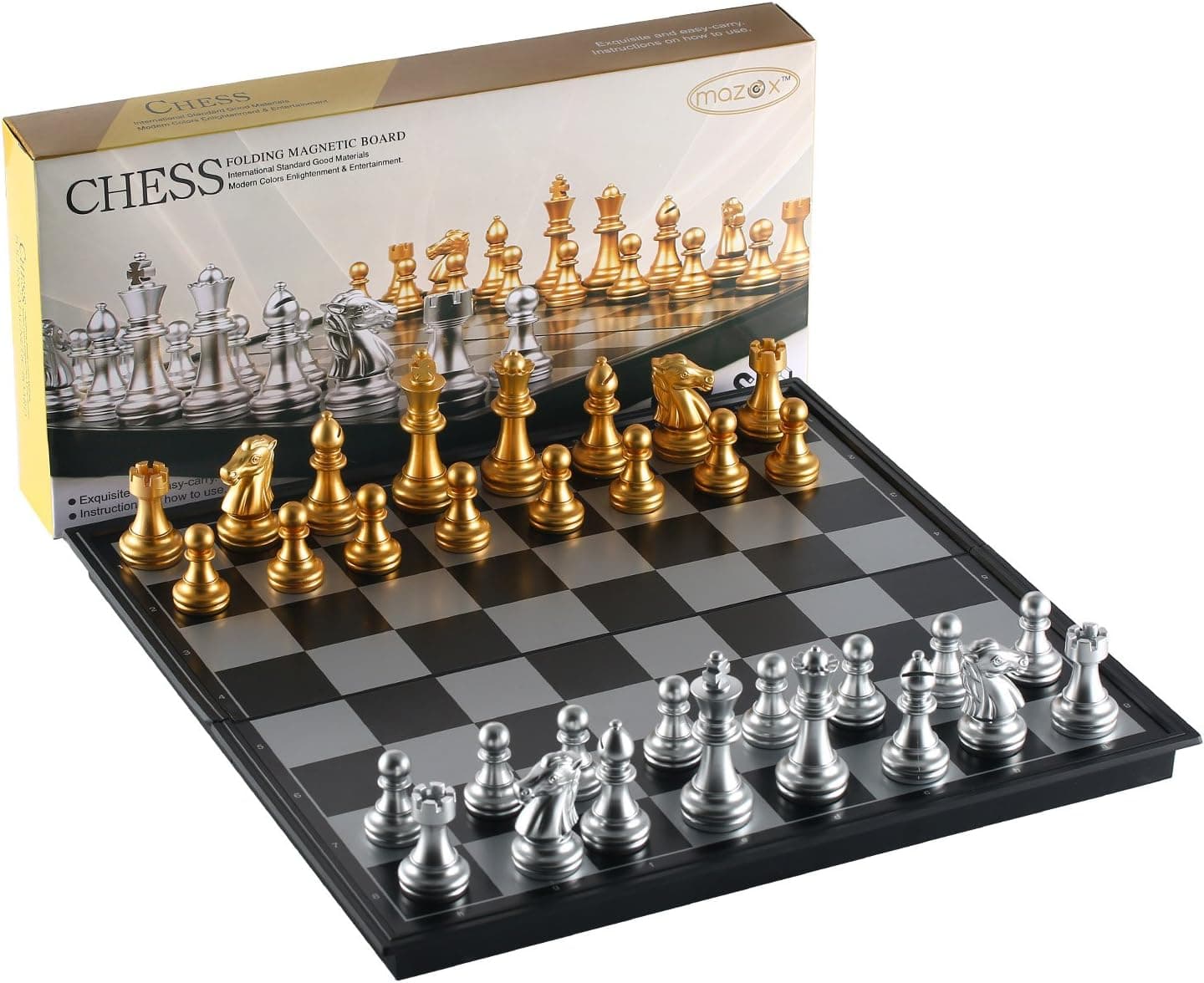 Folding Magnetic Travel Chess Set by MAZEX for Kids or Adults Chess Board Game 12.5X12.5X0.8 Inch (Gold&Silver Chess Pieces)