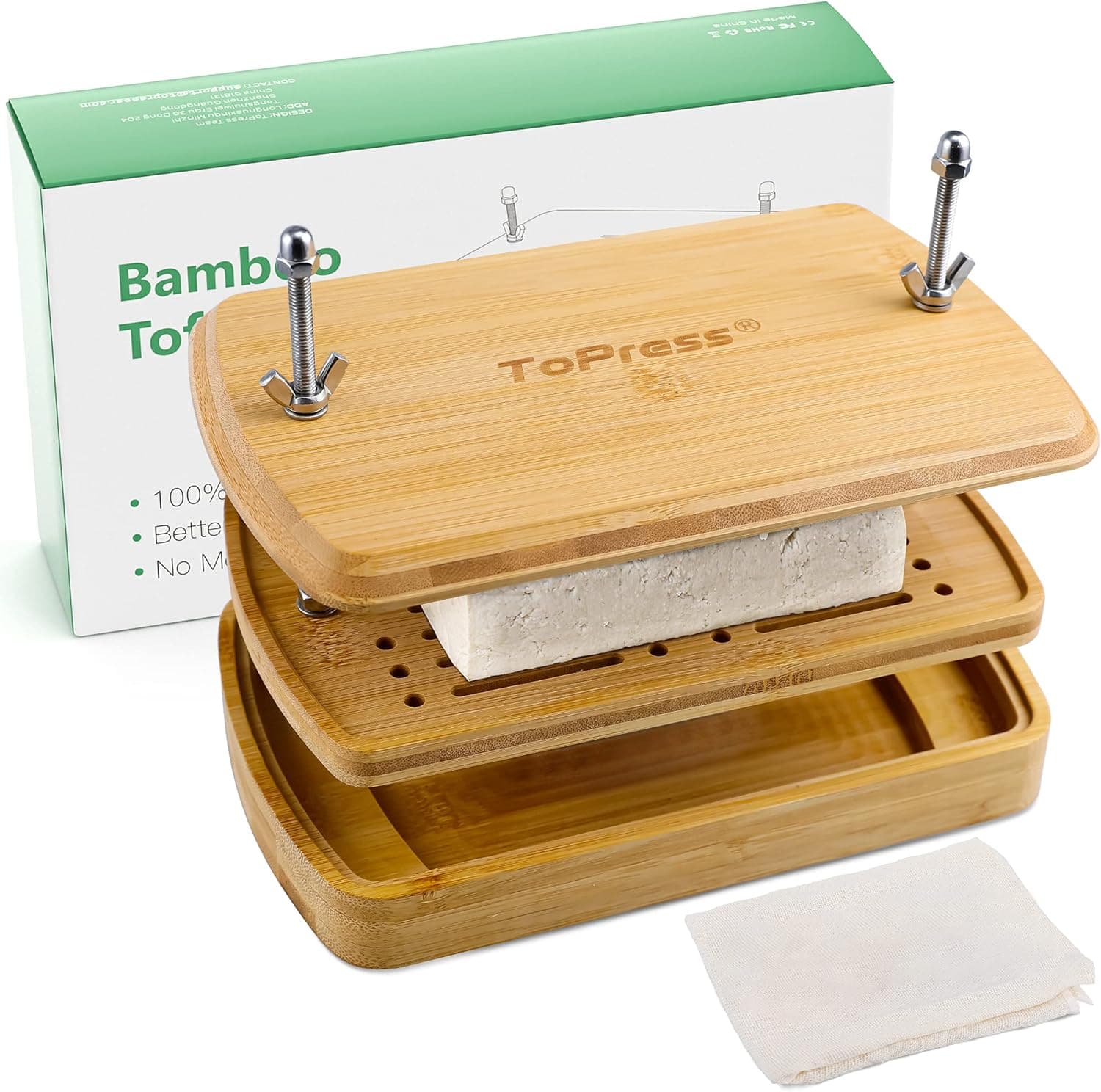 ToPress Bamboo Tofu Press, Easily Press Extra Water from Tofu in 10-30 minuts for Better Texture & Flavor, Tofu Presser for Firm & Extra Firm 8-16 OZ Tofu