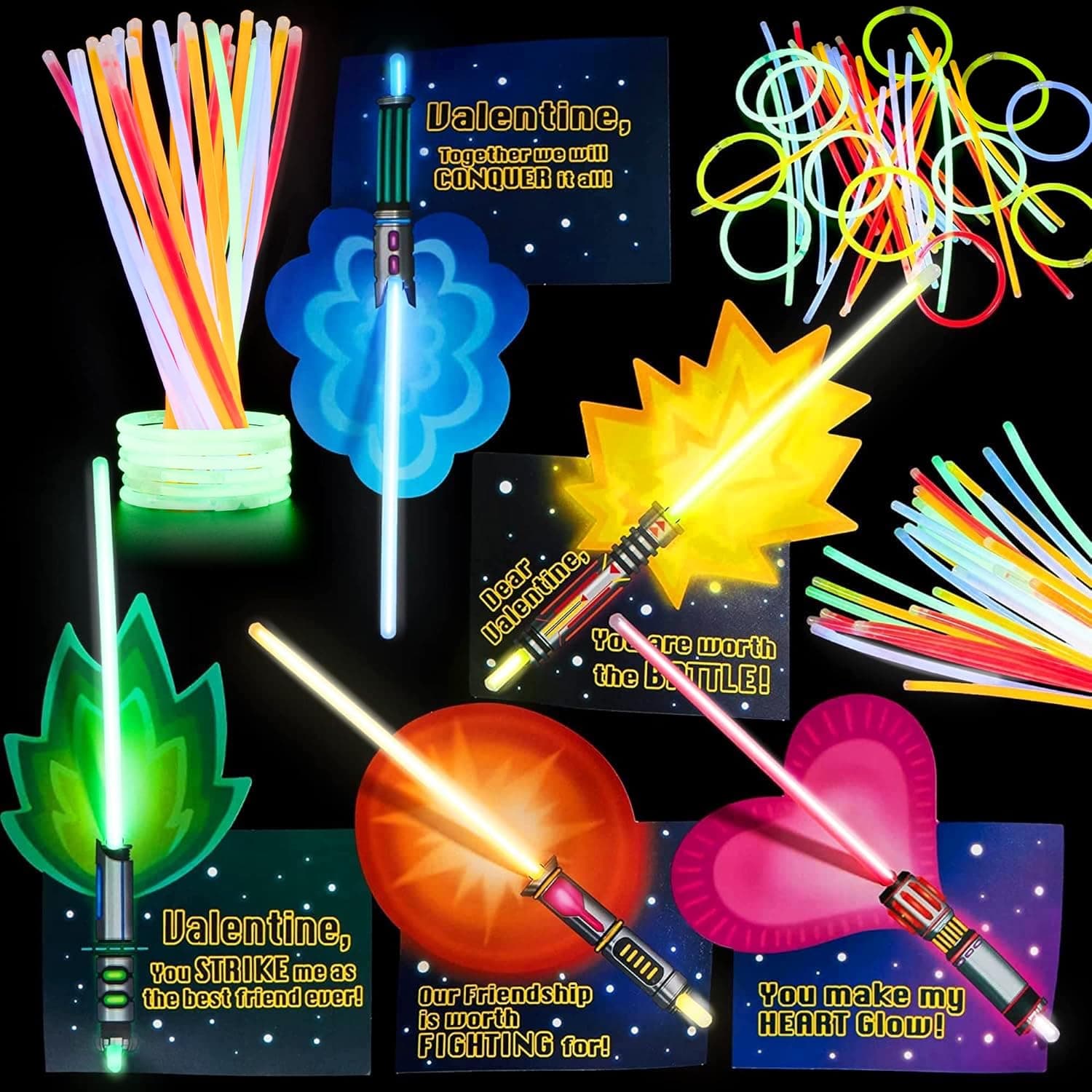 JOYIN 30 Packs Valentines Day Gift Cards Glow Sticks with Bracelet Connector,Glow Stick Necklaces for Valentines Classroom Exchange, Valentine Party Favors, Valentine School Prize