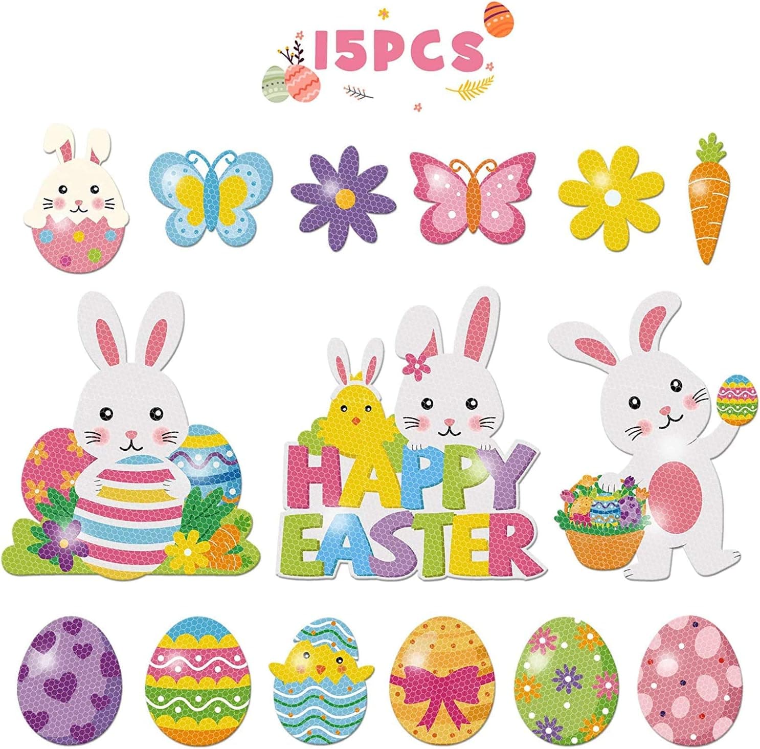 15 Packs Easter Reflective Magnets Car Decorations Set Easter Eggs Bunny Car Magnets Fridge Stickers for Spring Butterflies Flowers Refrigerator Mailbox Cover Decor