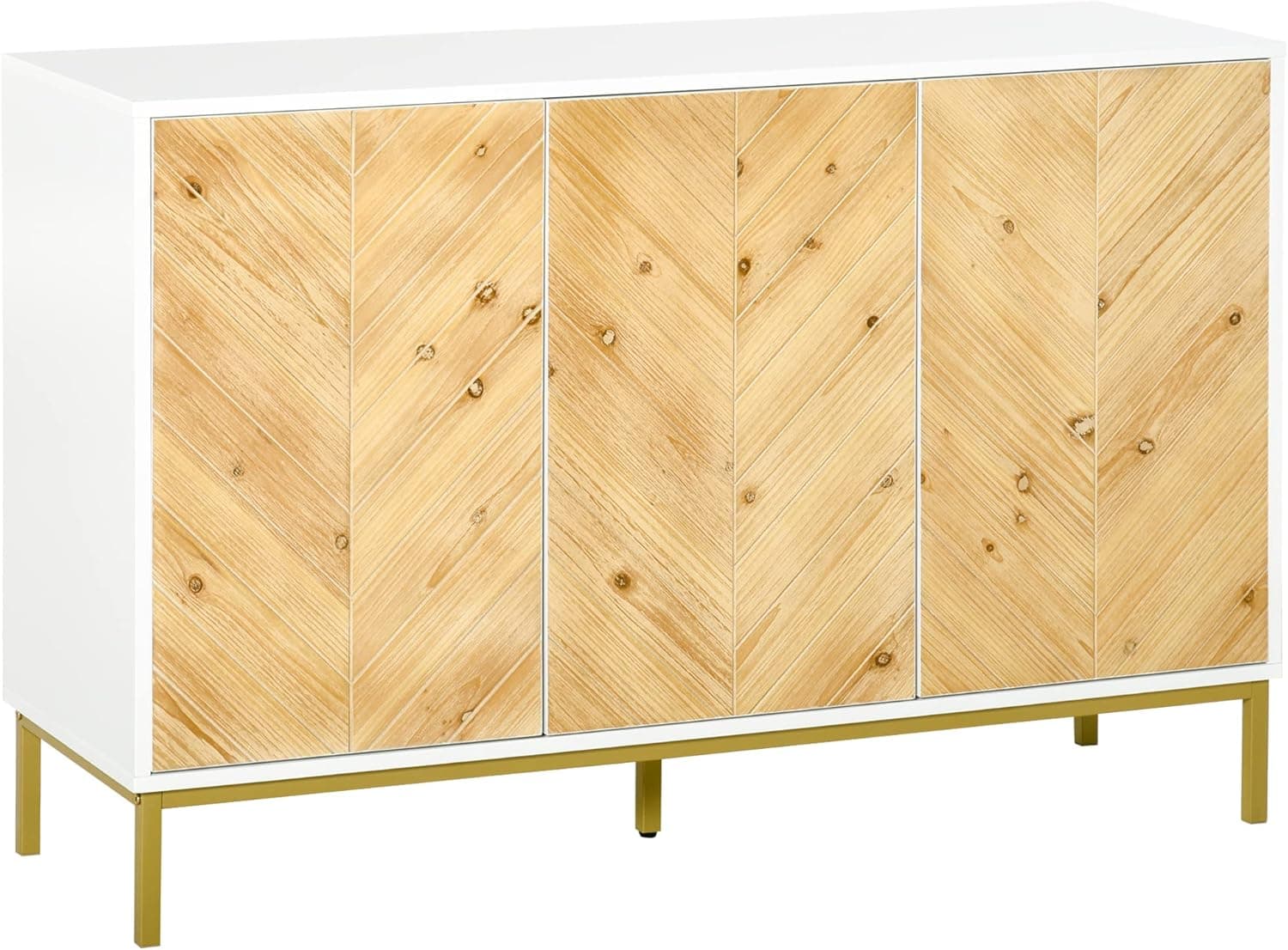 HOMCOM 3 Door Sideboard Buffet Cabinet, Kitchen Cabinet, Coffee Bar Cabinet with Chevron Pattern, Adjustable Shelf and Metal Legs, Natural Wood
