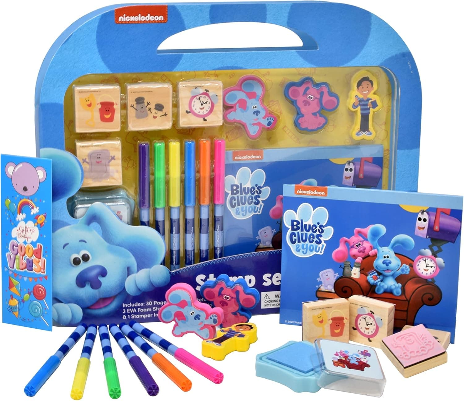 Blue's Clues Coloring Mess Free Stamps Art and Activity Set for Kids Craft Kit with Markers Sketchbook Foam Stampers Wooden Stampers and Ink Pad Gift Boutique Bookmark Included for Girls Boys Toddlers