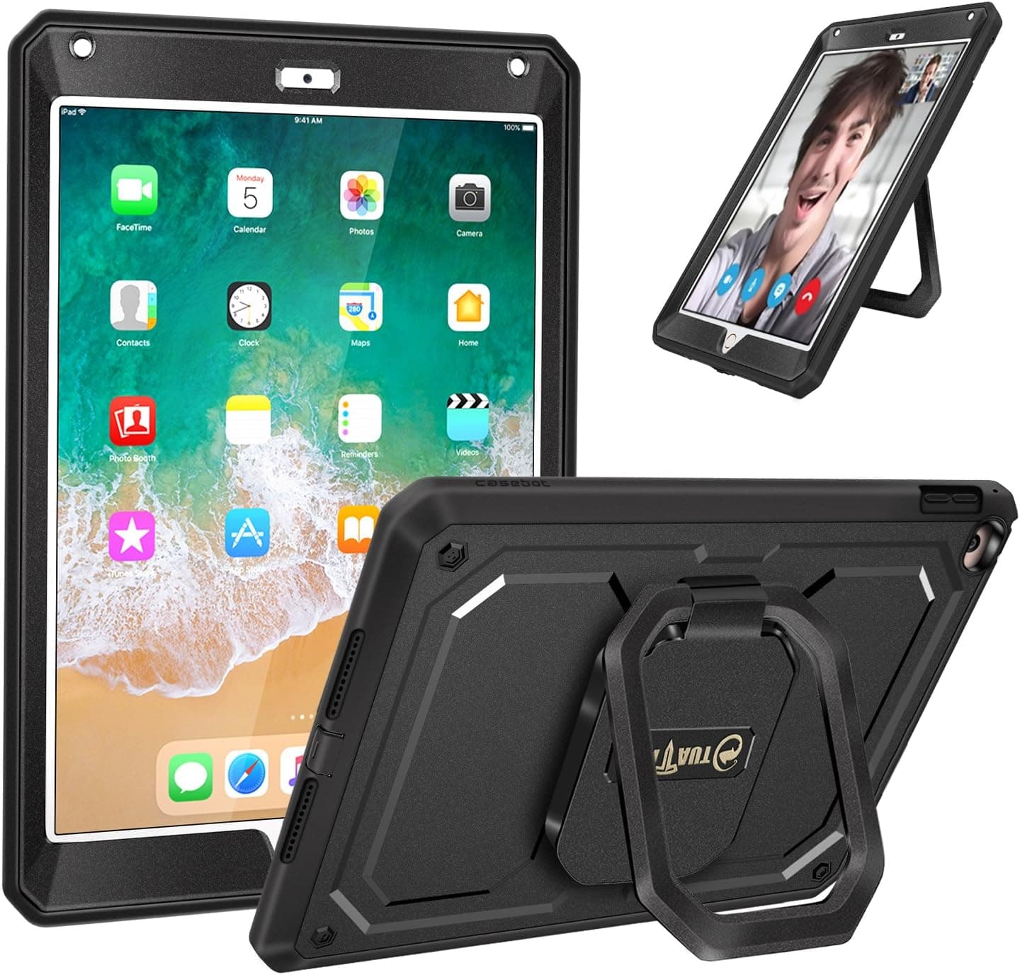 Fintie Case for iPad 9.7 Inch 2018/2017 - [Tuatara Magic Ring] 360 Rotating Multi-Functional Grip Stand Shockproof Fully-Body Rugged Cover with Built-in Screen Protector, Also Fit iPad Air 2, Black