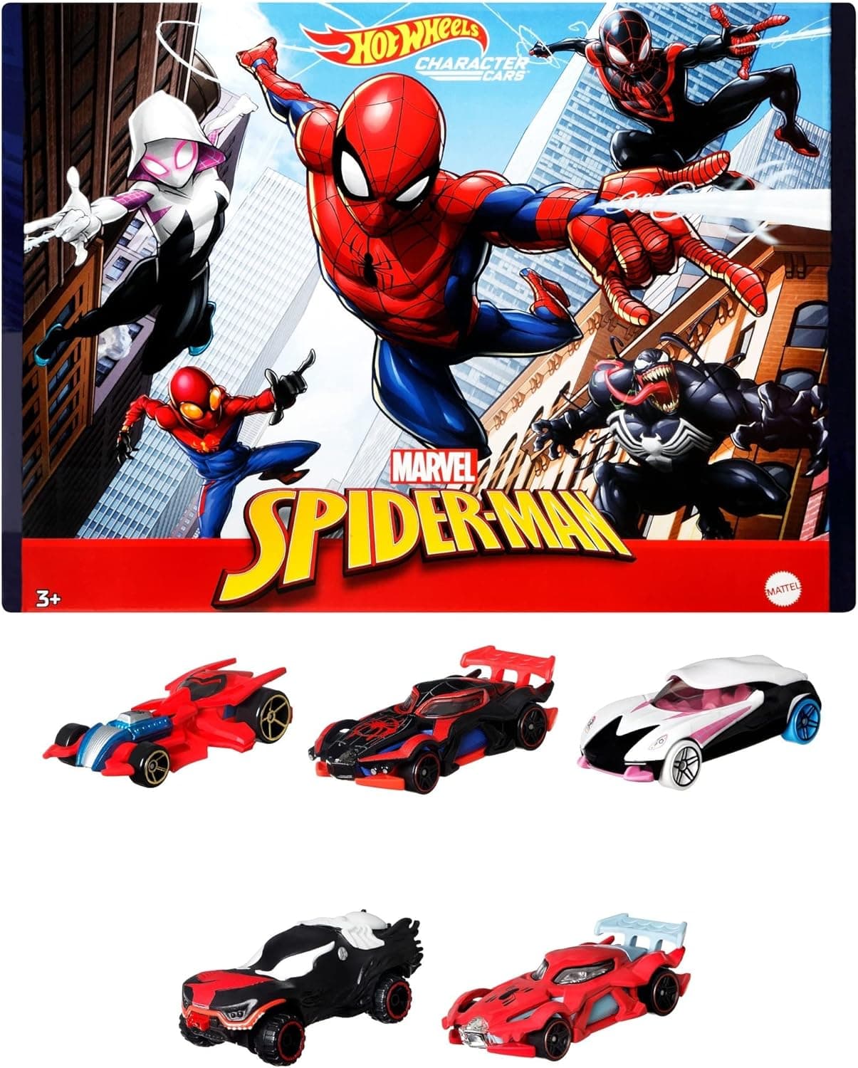 Hot Wheels Marvel Spider-Man 5-Pack 1:64 Scale Toy Cars, Spider-Man, Proto-Suit Spider-Man, Miles Morales, Spider-Gwen & Venom