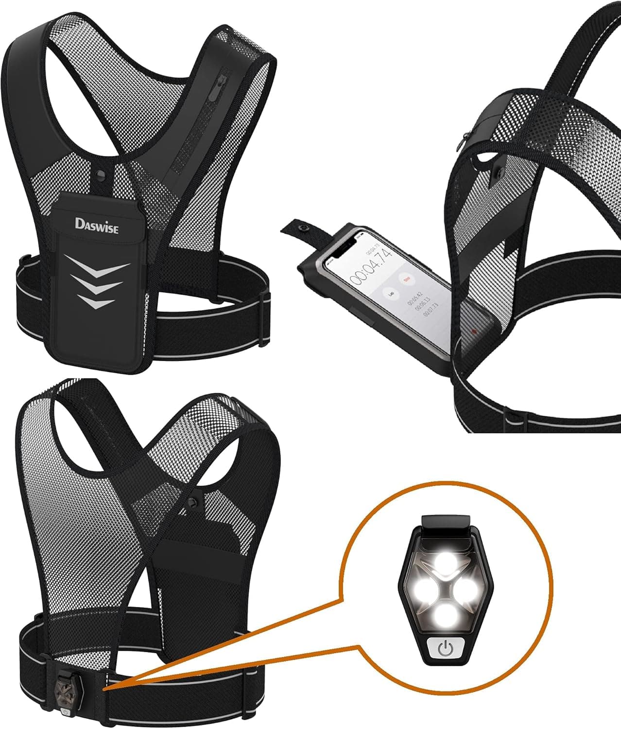 Running Vest with LED Warning Light, Breathable Mesh Vest for Training Running Cycling LED Light, Key Card Energy bar Holder