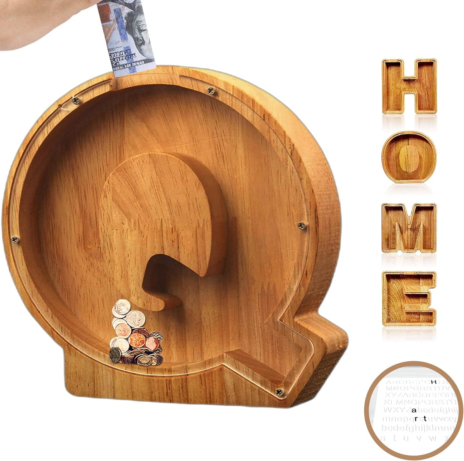 Piggy-Bank for Kids Boys Girls Large Piggy Banks 26 English Alphabet Letter,Personalized Wooden,Transparent Money Saving Box Custom Text Name DIY Creative Gift for Real-Money (Q)