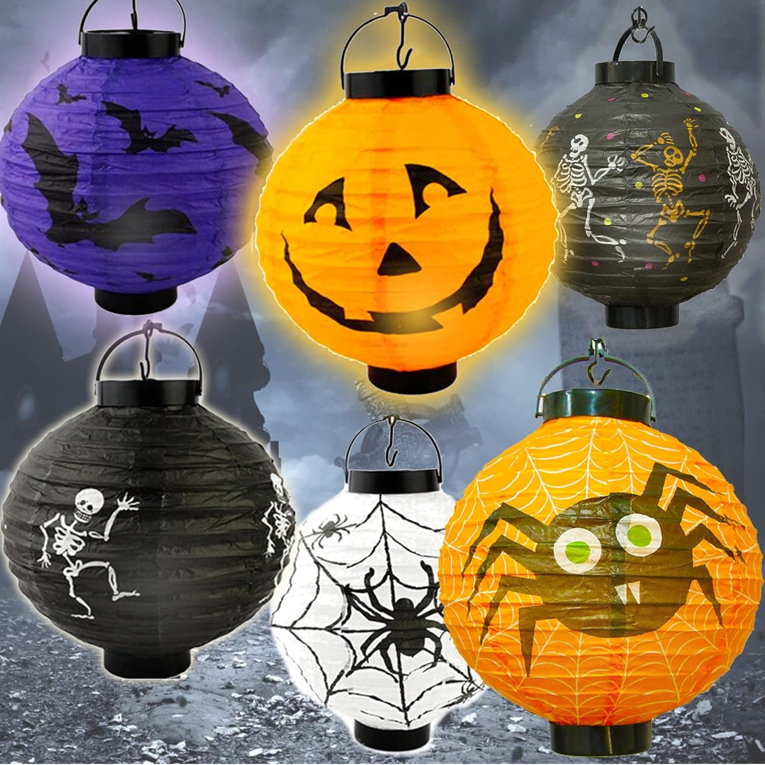 Fantts 6Pcs Halloween Decorations Paper Lanterns with LED Light for Holiday Home Party, Halloween Hanging Lantern Party Supplies, Bats, Spiders, Skeleton, Jack-O