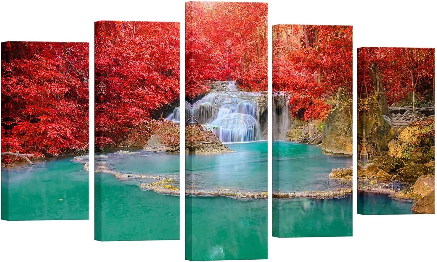 FEIFANMEI Waterfall Wall Art for Bedroom Green Lake Waterfall in Red Fall Forest Picture 5 Panel Modern Autumn Landscape Canvas Painting Home Living Room Wall Decor Stretched and Framed