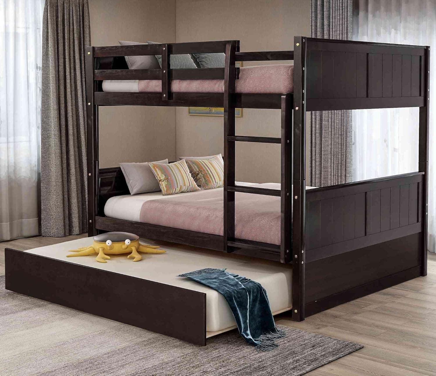 Cotoala Full Over Full Bunk Bed with Twin Size Trundle, Solid Wood Bunkbed with Safety Guardrail and Ladder, Can Be Divided Into Two Individual Beds, Espresso