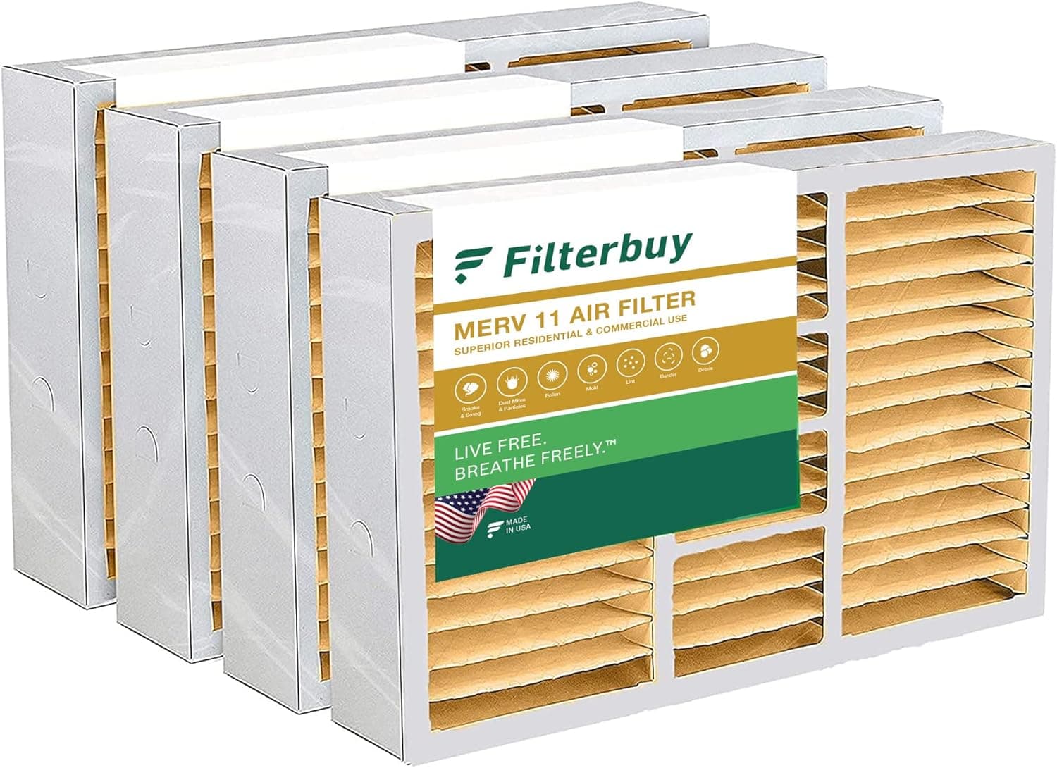 Filterbuy 16x25x5 Air Filter MERV 11 Allergen Defense (4-Pack), Pleated HVAC AC Furnace Air Filters Replacement for Honeywell FC100A1029, Lennox X6670, Carrier P102-1625, Air Kontrol, Bryant, Day & Night, and Payne (Actual Size: 15.75 x 24.75 x 4.38)