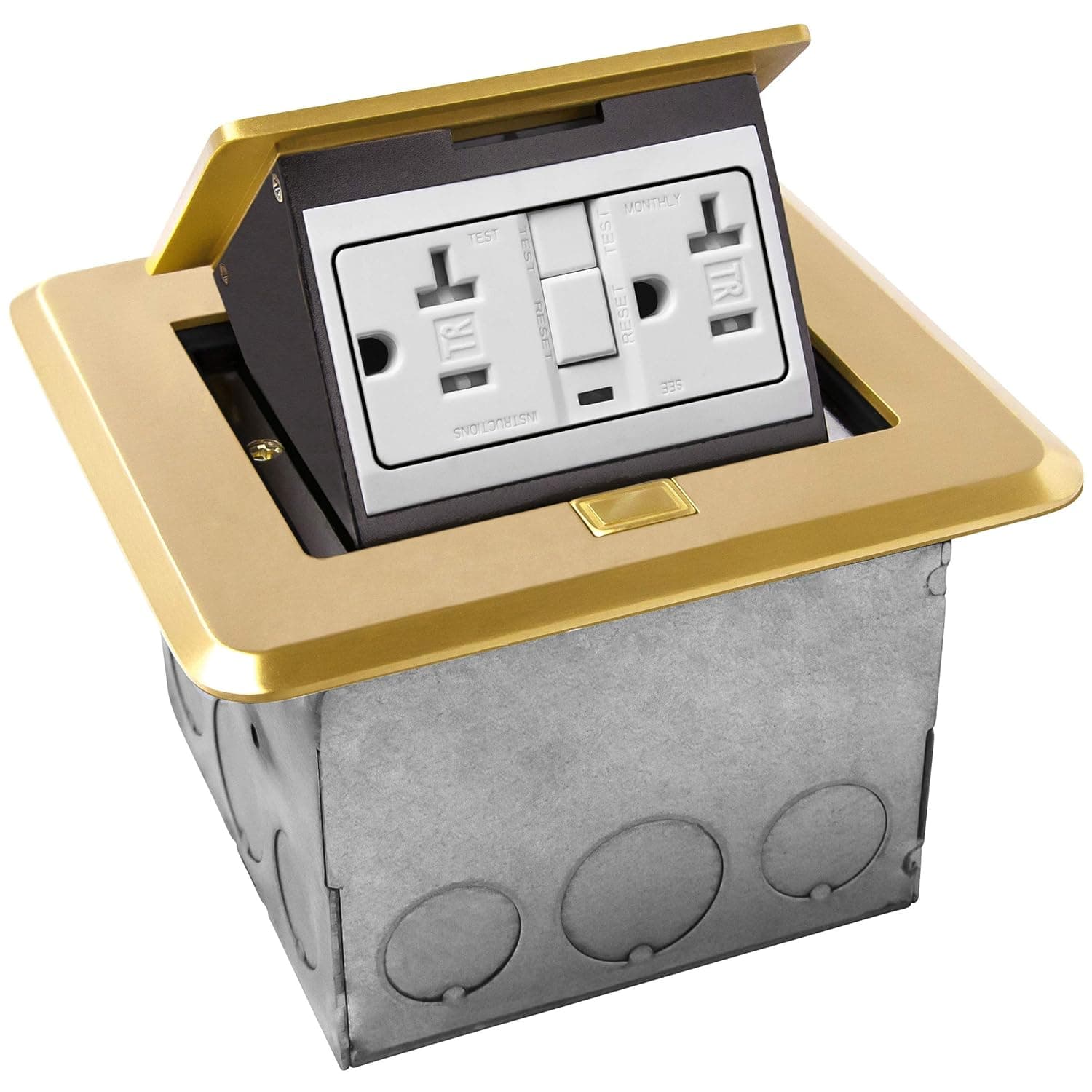 ENERLITES Soft Pop-Up Square Floor Box Kit, 20A GFCI Tamper-Weather-Resistant Receptacle Outlet, Watertight Gasket and Corrosive Resistant Hardware, Brass Cover 4.75" x 4.75", 961248-C-GFCI