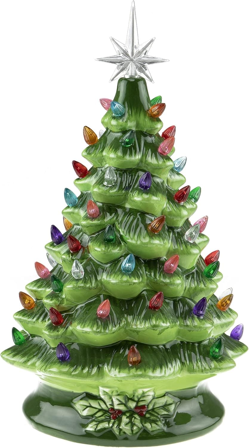 Clever Creations 15 Inch Pre Lit Tabletop Ceramic Christmas Tree, Hand Painted Holiday Decoration with Multicolored Lights, Green