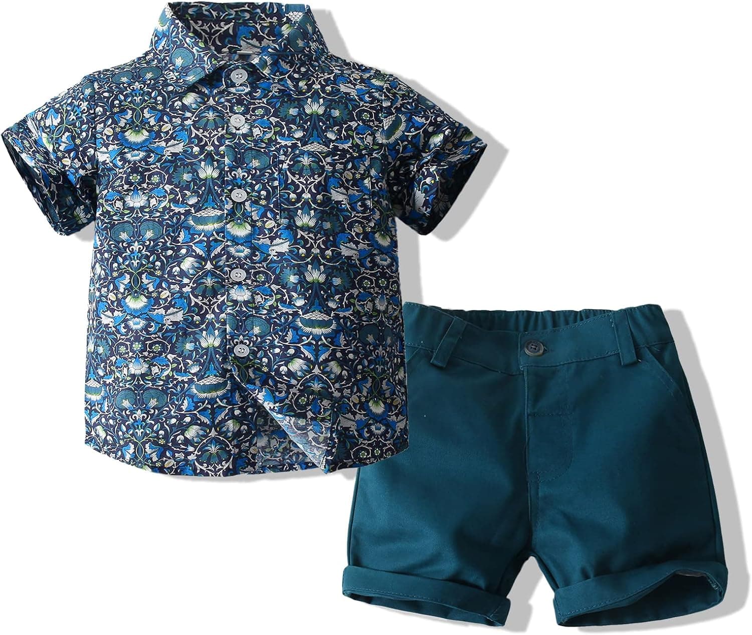 Kimocat Summer Casual Clothing Set Beige Green Print Button-Down Shirt Short Sleeve+White Pants for Boys